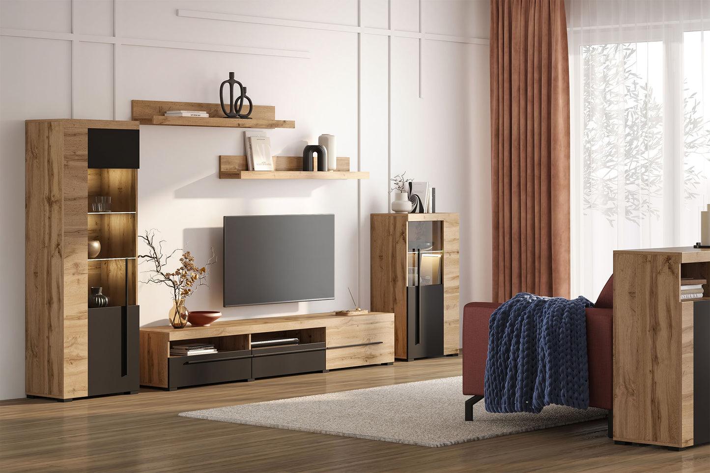 Sienas bloks Rogos 370/160/40 cm Votan ozols/melns - N1 Home