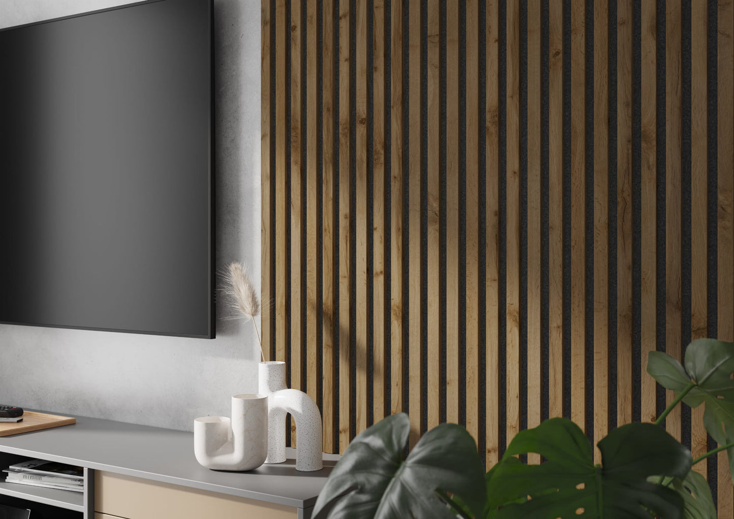 Akustiskais panelis ar lamelēm 300x26x2750 mm ozols finieris/pelēks - N1 Home