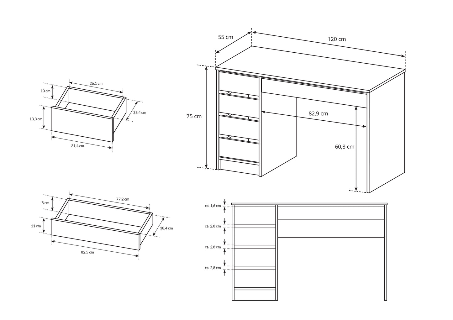 Balts matēts rakstāmgalds ar atvilktnēm Ald 75/120/55 cm - N1 Home