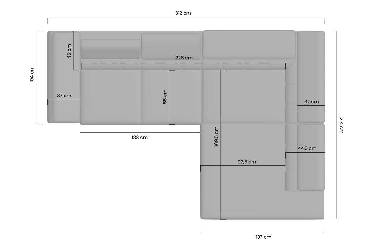 Dīvāns VECA L labais stūris 312/79-96/214 pelēks/ zelta kājas - N1 Home