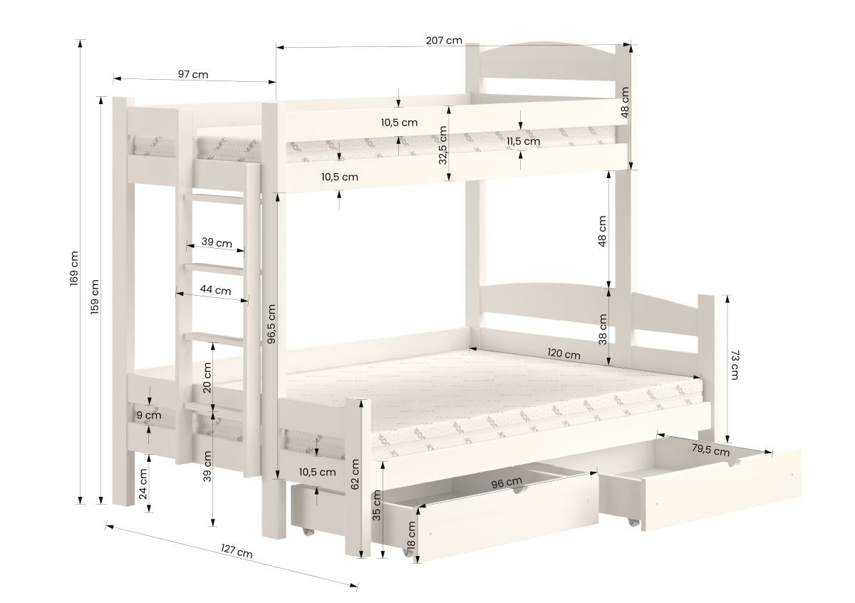 Kreisā divstāvu gulta ar atvilktnēm KAYA - priede, 90x200/120x200 - N1 Home