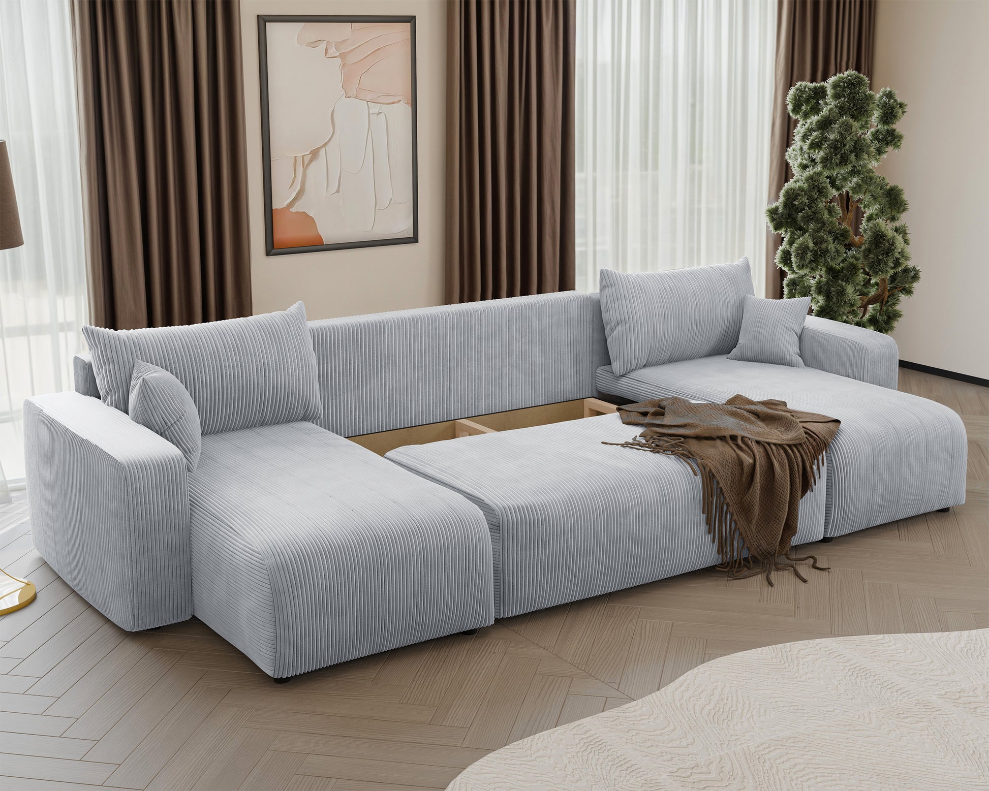 NONIPIA U-formas stūra dīvāns ar gulēšanas funkciju, ar konteineri, universāls, gaiši pelēks velvets - N1 Home