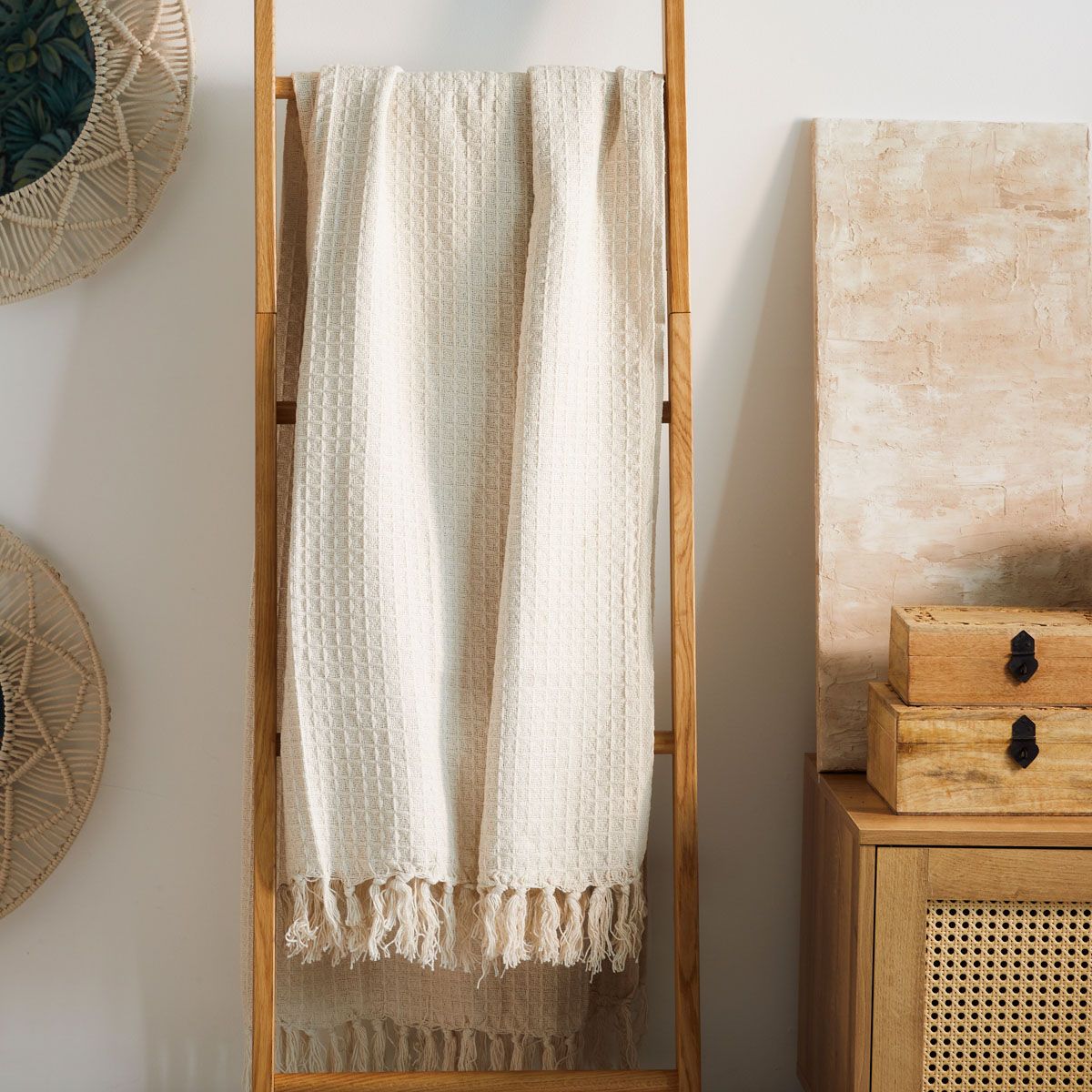 Kokvilnas sega Vaffe ar bārkstīm 130x170 cm ekru - N1 Home