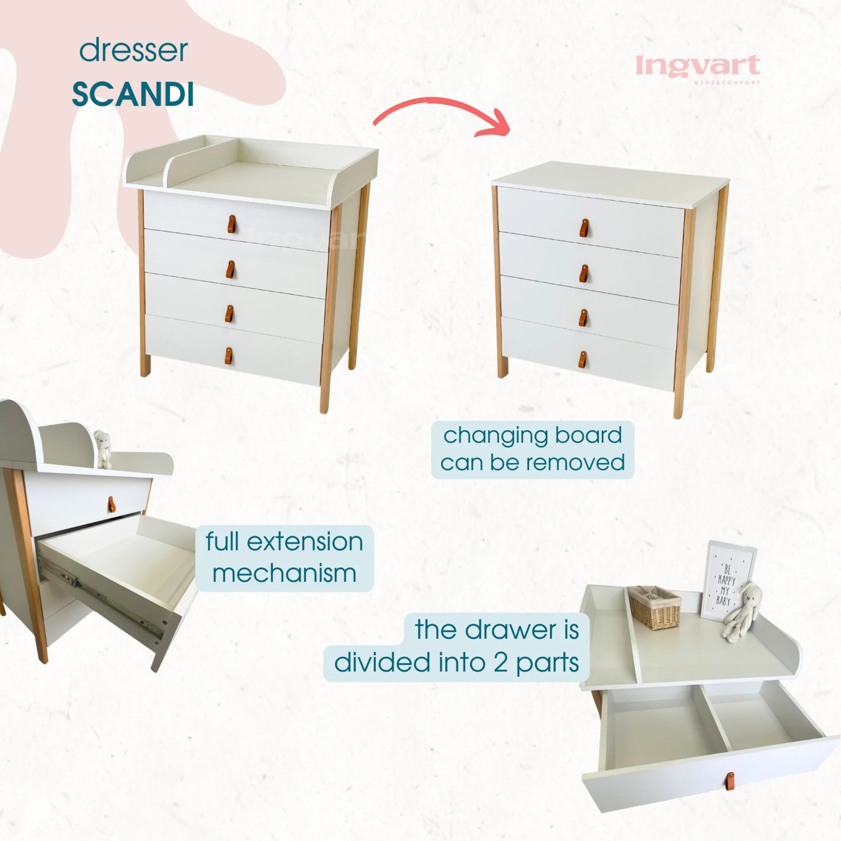 Ingvart Kumode ar Pārtinamo Galdiņu Scandi 82/80/50 cm balts - N1 Home