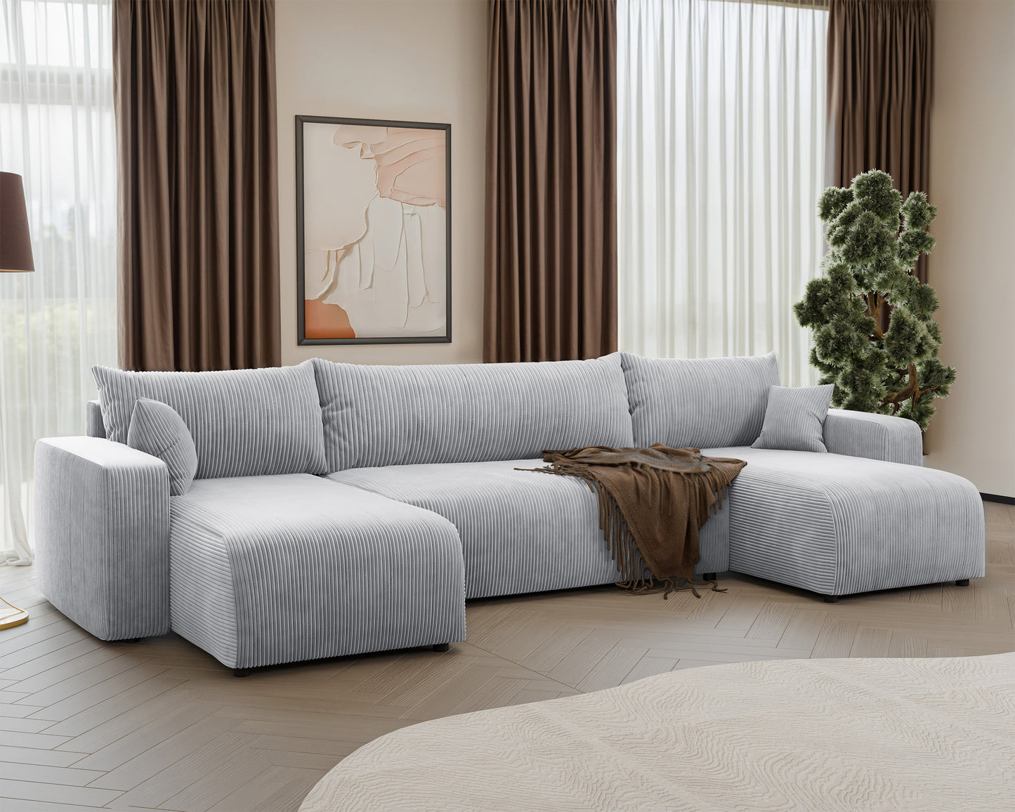 NONIPIA U-formas stūra dīvāns ar gulēšanas funkciju, ar konteineri, universāls, gaiši pelēks velvets - N1 Home