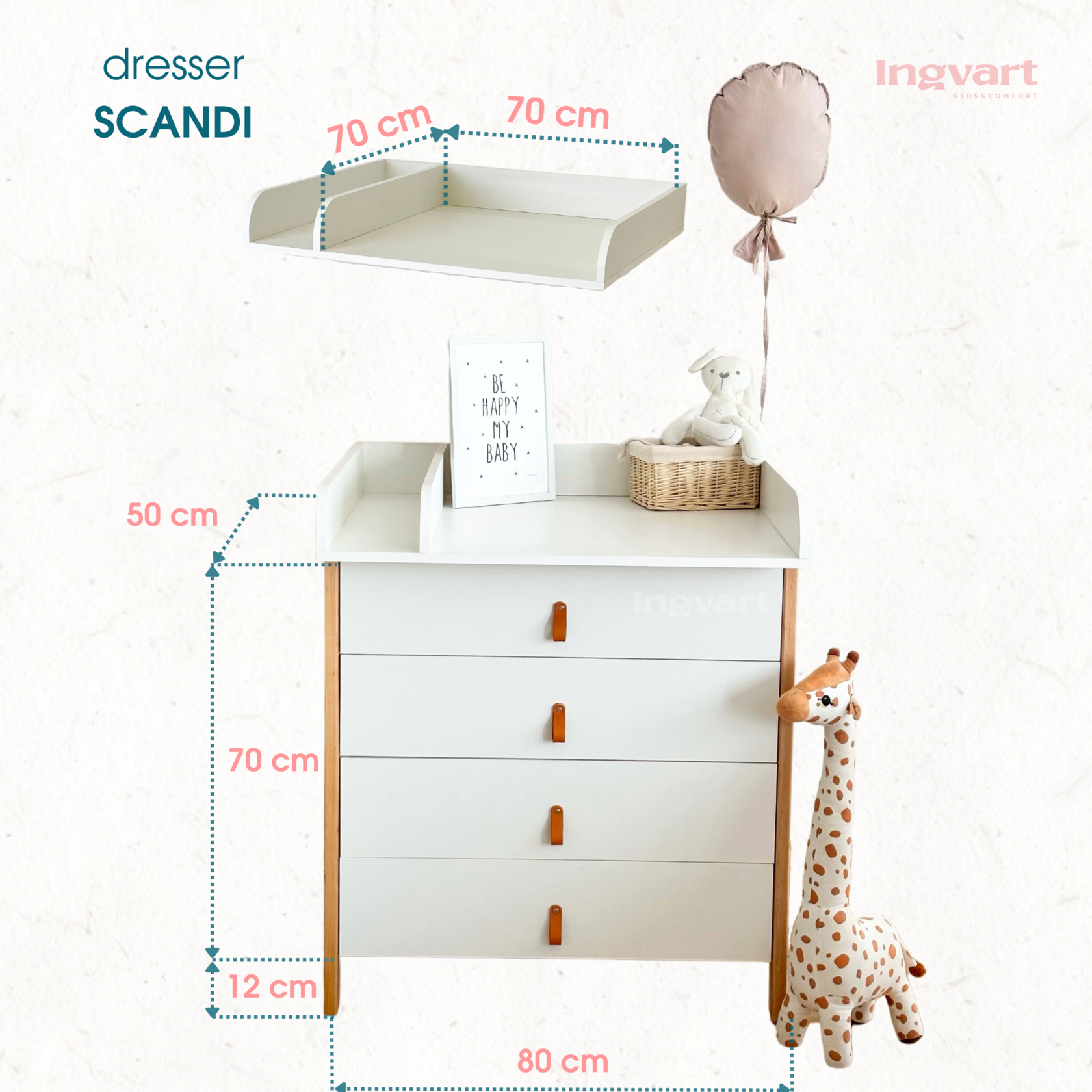 Ingvart Kumode ar Pārtinamo Galdiņu Scandi 82/80/50 cm White+Grey - N1 Home