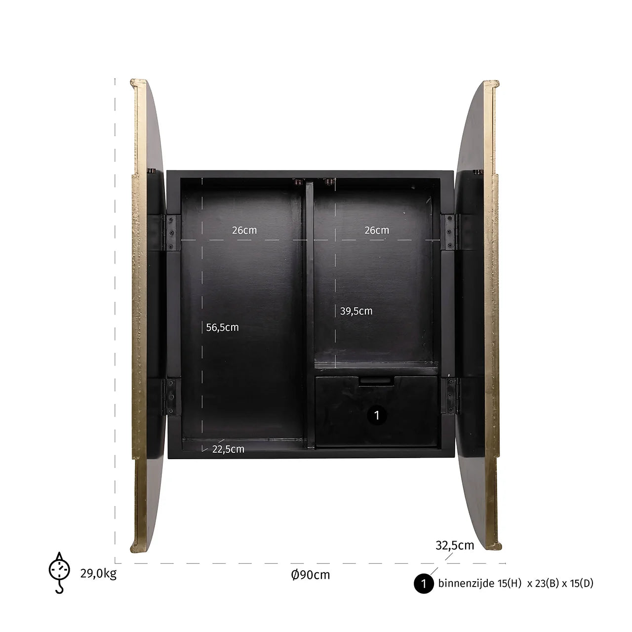 Sienas skapis Bowie ar 2 durvīm Richmond Interiors 90/90/32 cm melns/zelts - N1 Home