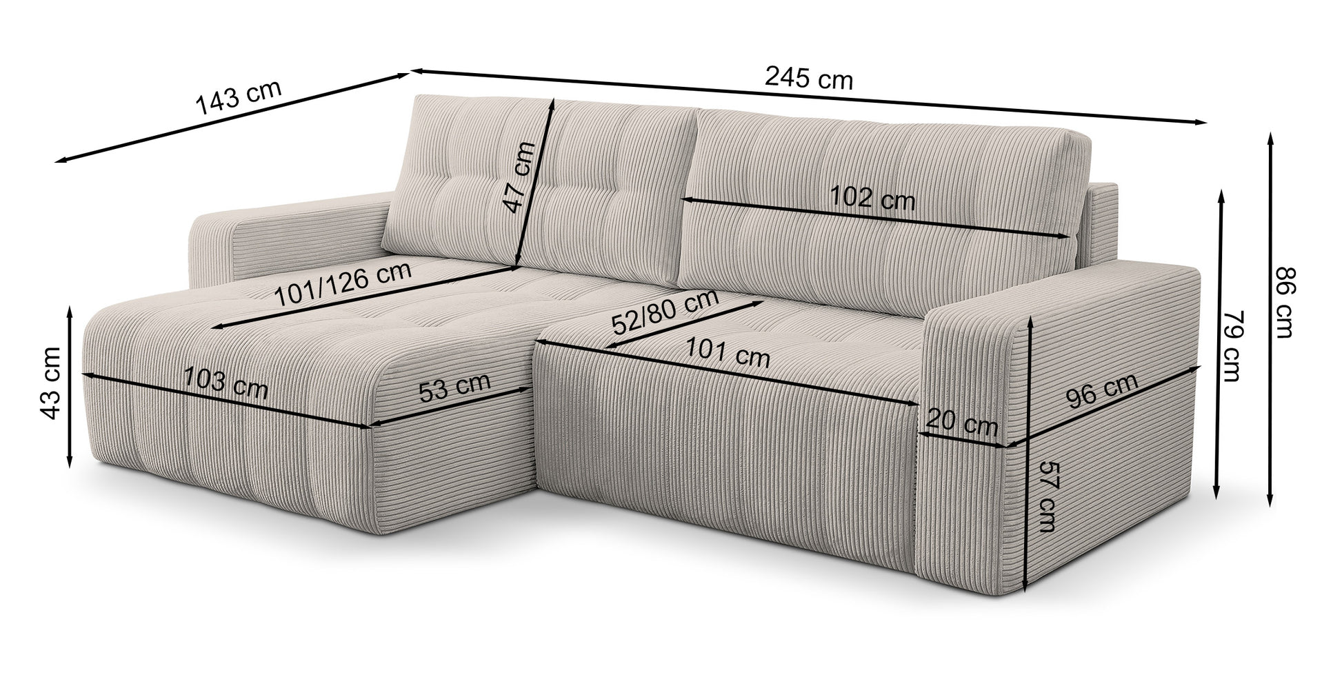 Dīvāns Mailes 86/245/143 cm Poso 100 - N1 Home