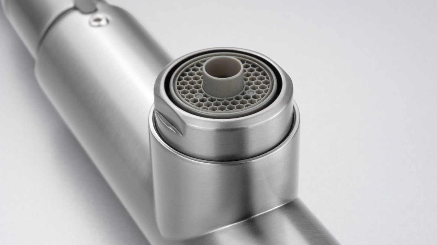 Virtuves jaucējkrāns ar ūdens filtra pieslēgumu un izvelkamu snīpi Eridan 33 cm matēts tērauds - N1 Home