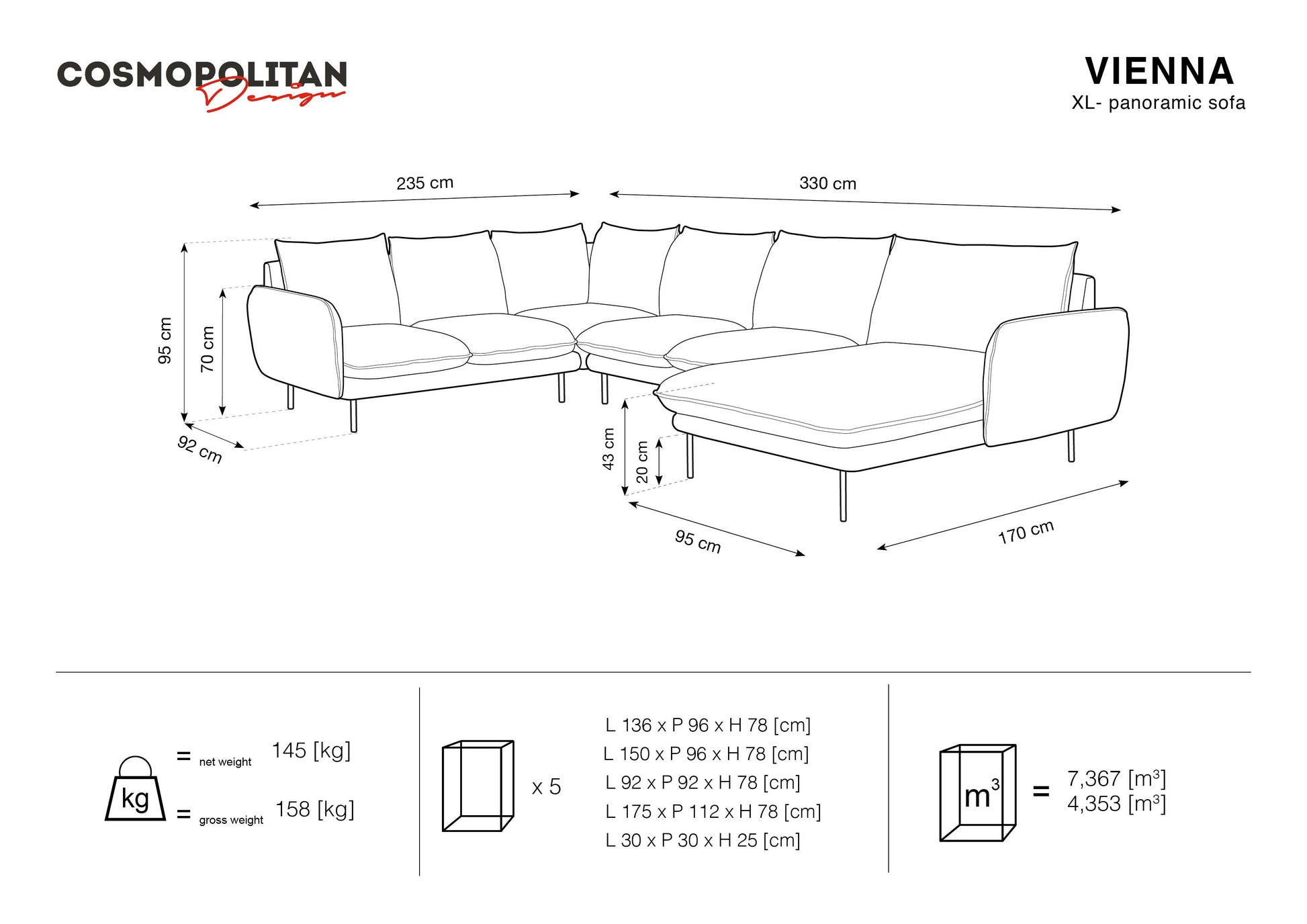 Dīvāns Cosmopolitan Design Vienna samta 330x235x95 cm bordo - N1 Home