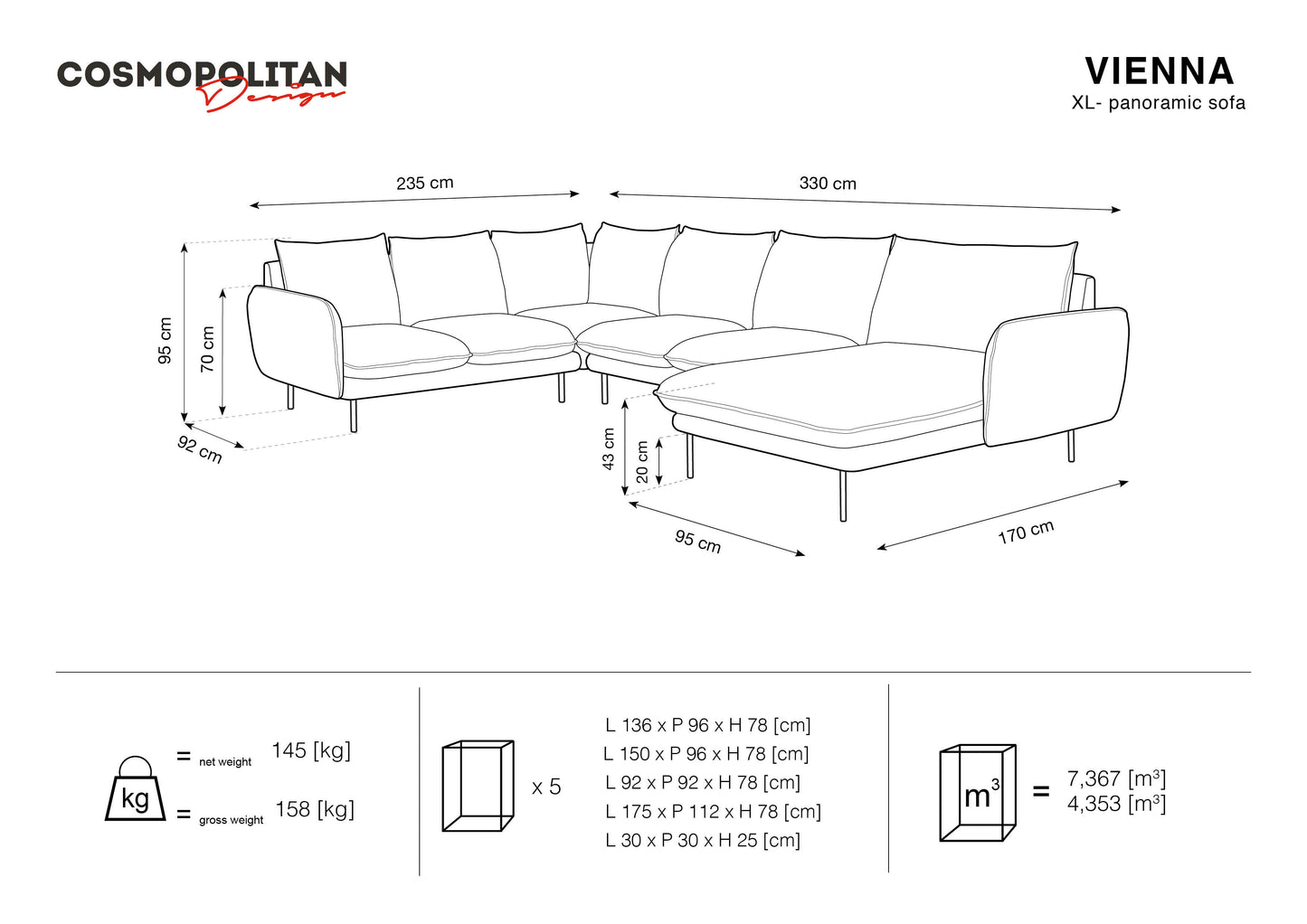 Dīvāns Cosmopolitan Design Vienna samta 330x235x95 cm debesjums zils - N1 Home