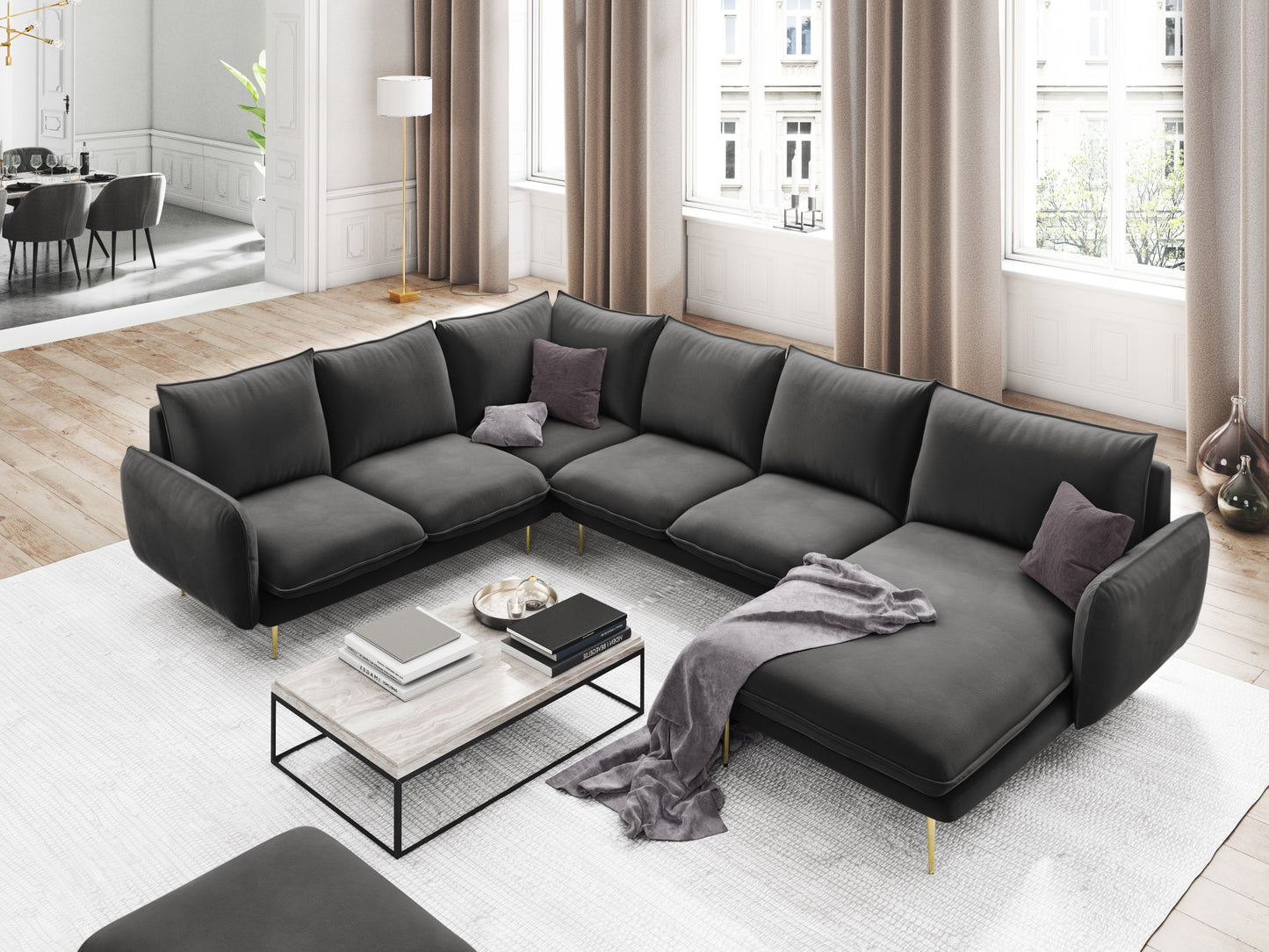 Dīvāns Cosmopolitan Design Vienna samta 330x235x95 cm tumši pelēks - N1 Home