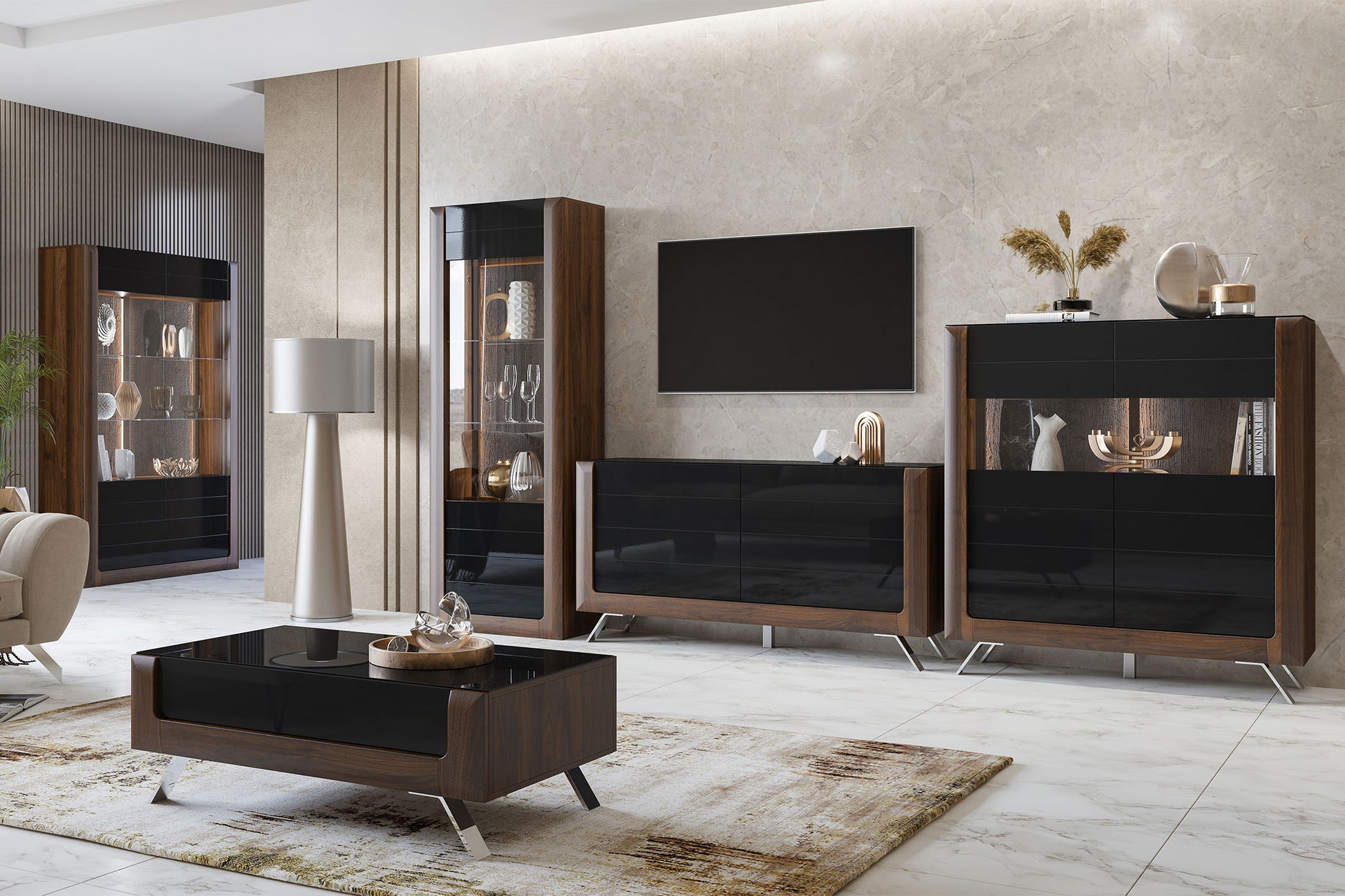 TV skapis Kavasari 161/48/73 cm Kolumbijas valrieksts/melns - N1 Home