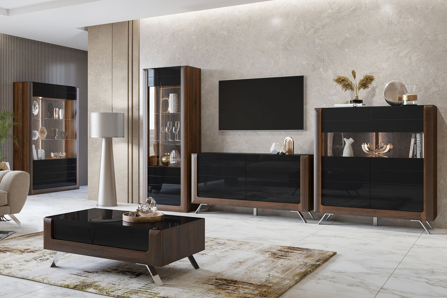 Skapis Kavasari 129/200/41 cm Kolumbijas valrieksts/melns - N1 Home