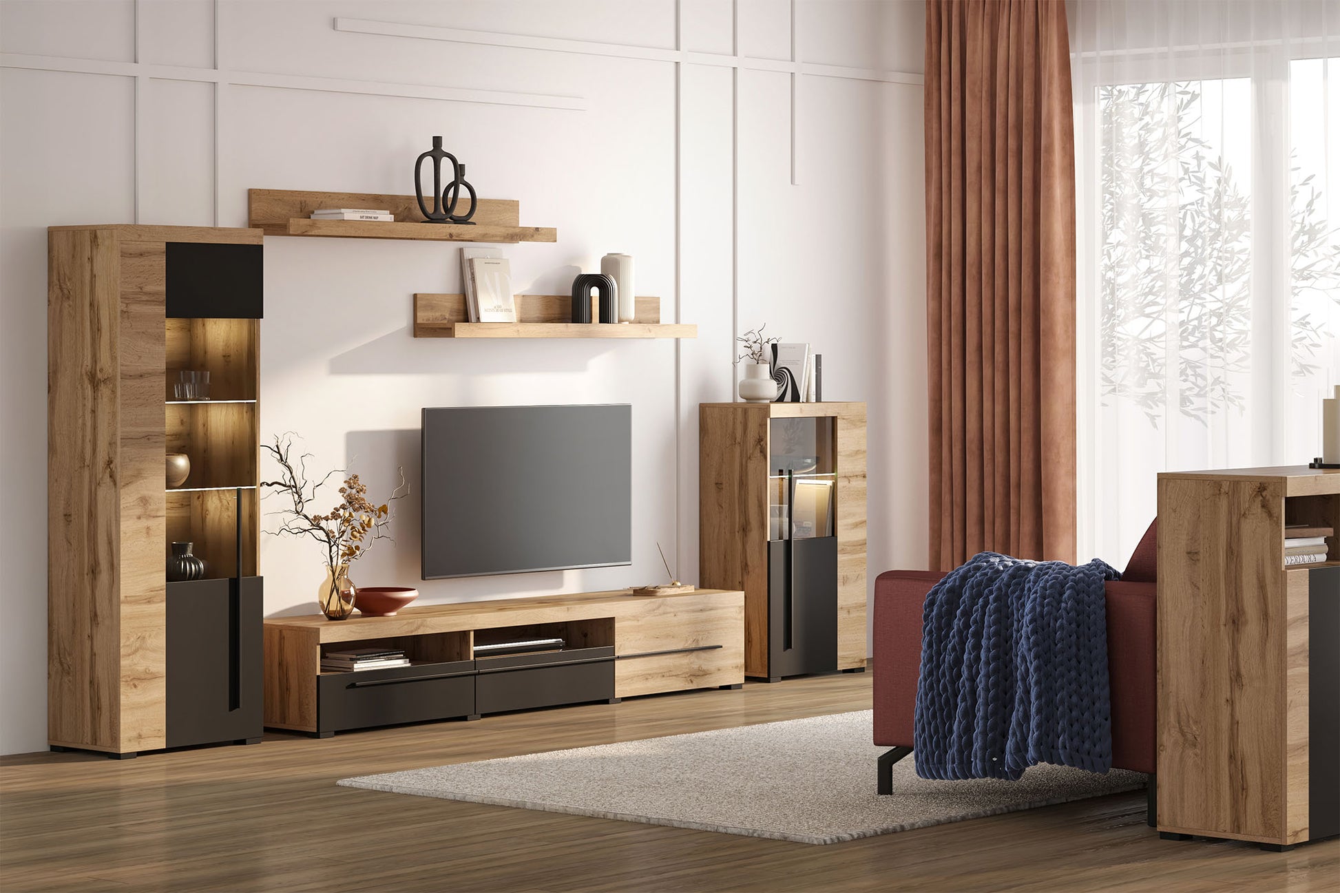 Sienas bloks Rogos 370/160/40 cm Votan ozols/melns - N1 Home