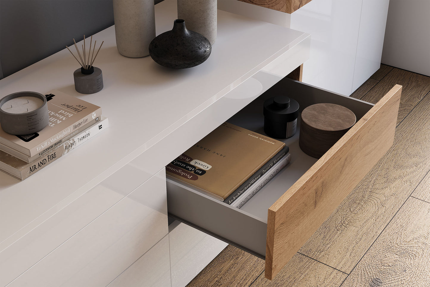 Kumode Solani 219/85/40 cm balts/Votan ozols - N1 Home