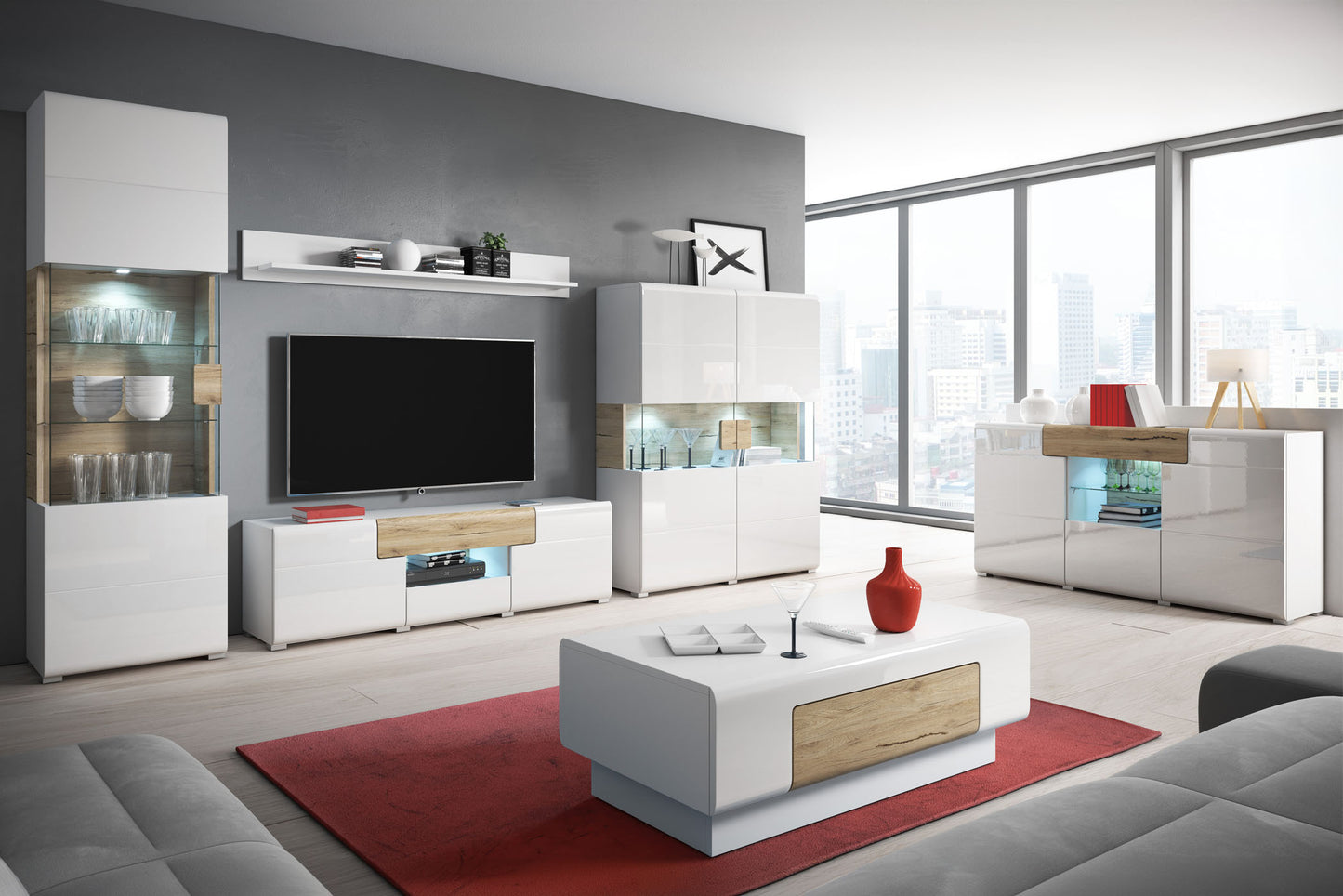 TV skapis Tola 159/39/47 cm balts/San Remo ozols - N1 Home