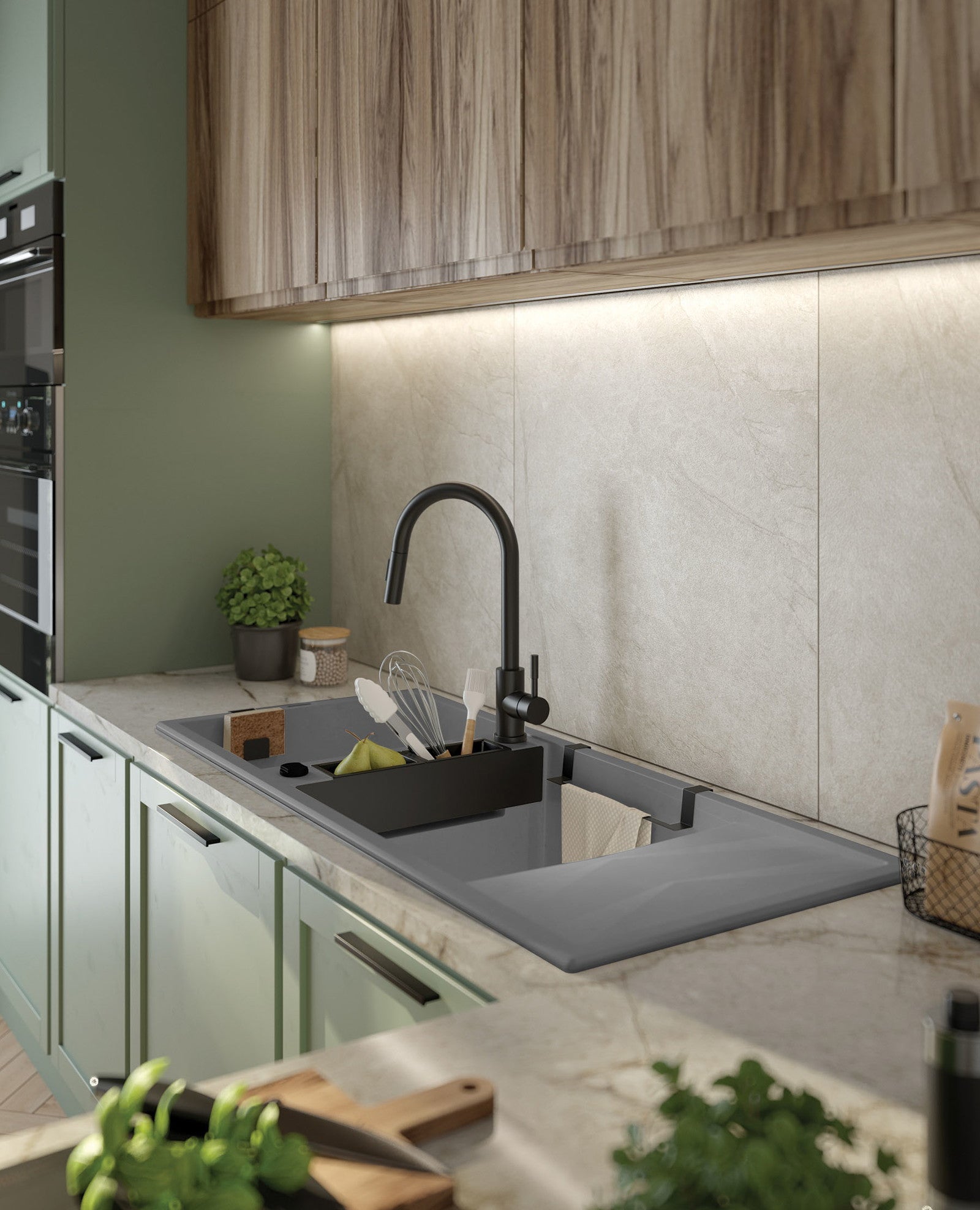 Magnētiskā 2 bļodiņu granīta izlietne ar notekcauruli Magnetic 1160 x 500 x 224 grafīta metālisks - N1 Home