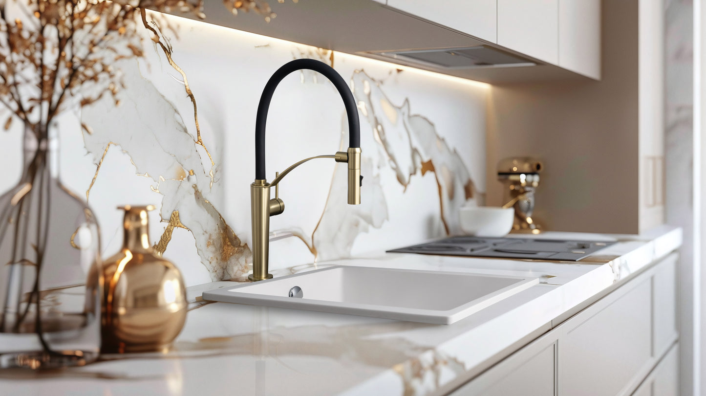 Virtuves maisītājs ar elastīgu snīpi - 2 veidu sprauslas Corda 435 mm matēta zelts - N1 Home