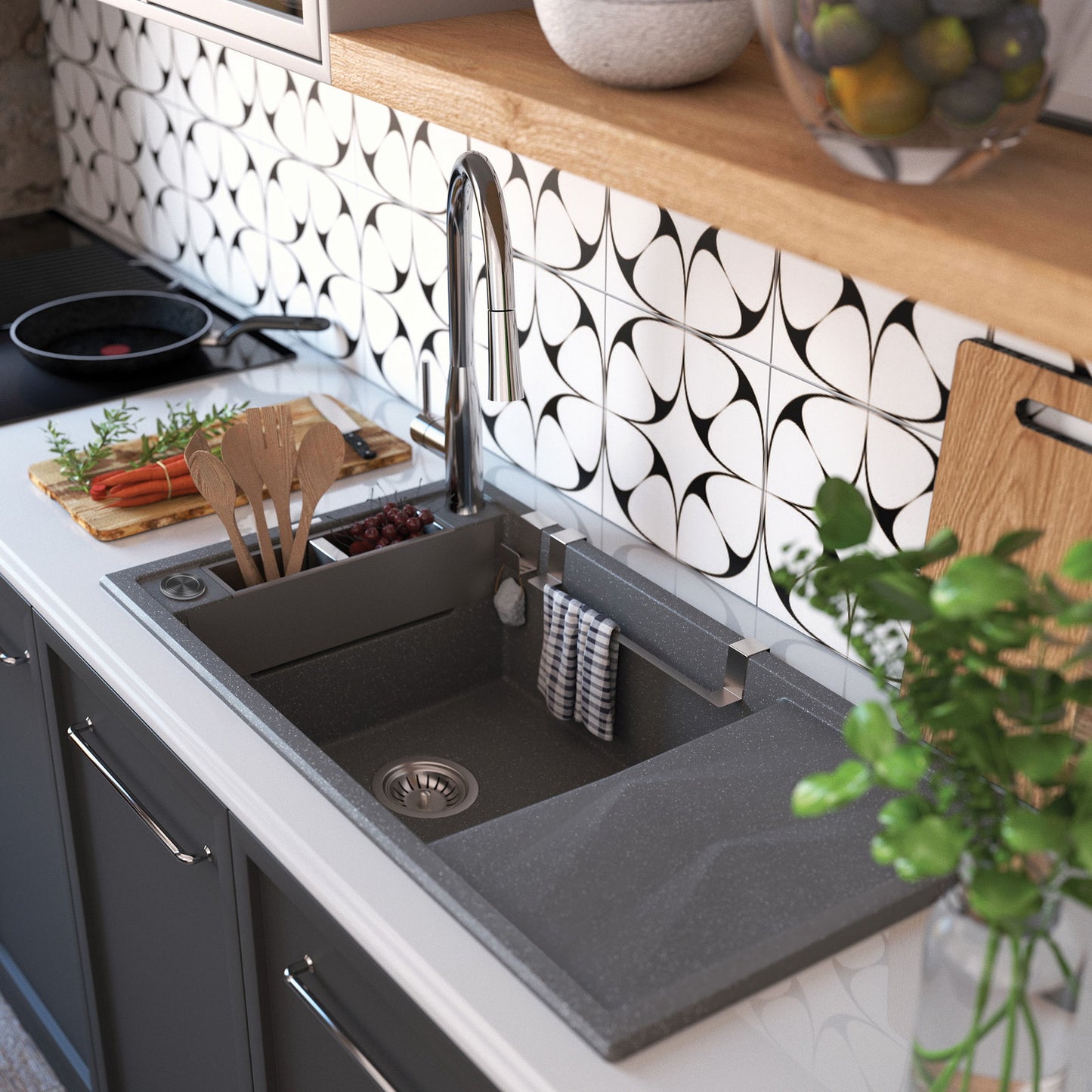 Magnētiskā 1 bļodas granīta izlietne ar izlietni Magnetic 820 x 500 x 219 grafīta metālisks - N1 Home