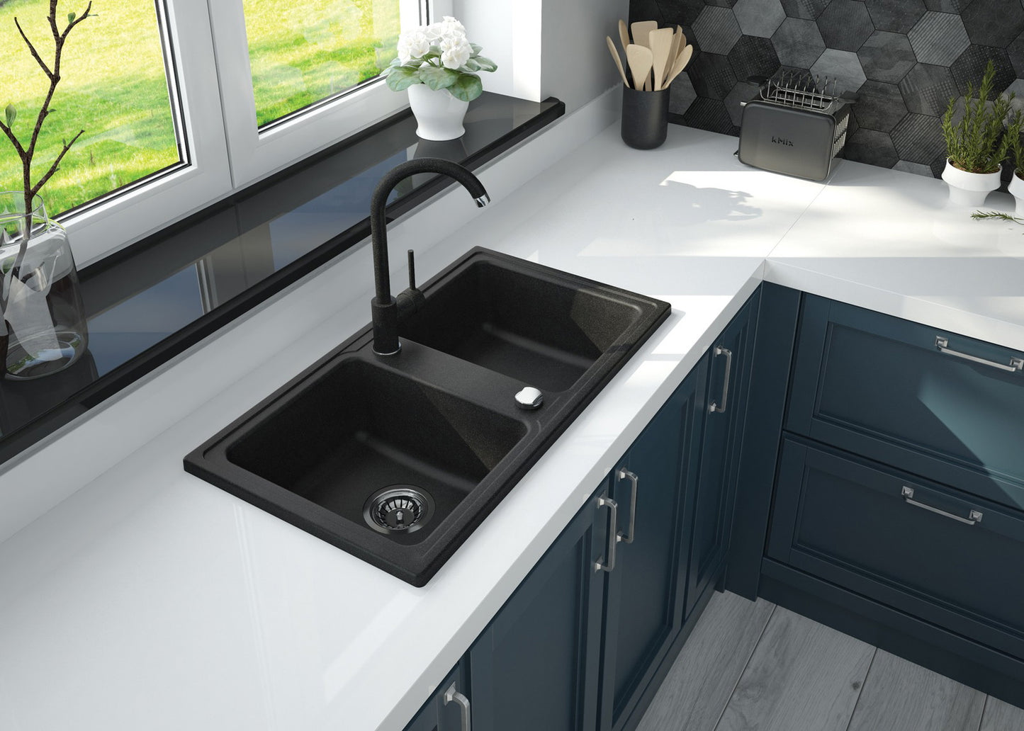 2-bļodiņu granīta izlietne Zorba 780 x 435 x 180 antracīta metāliska - N1 Home