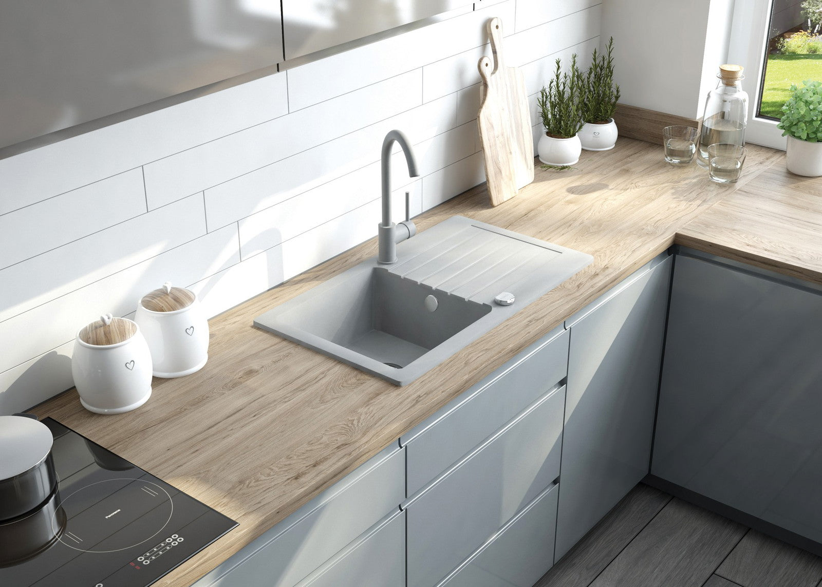 Granīta izlietne ar jaucējkrānu 1-bļodas izlietne ar izlietni Zorba 760 x 440 x 160 smiltis - N1 Home