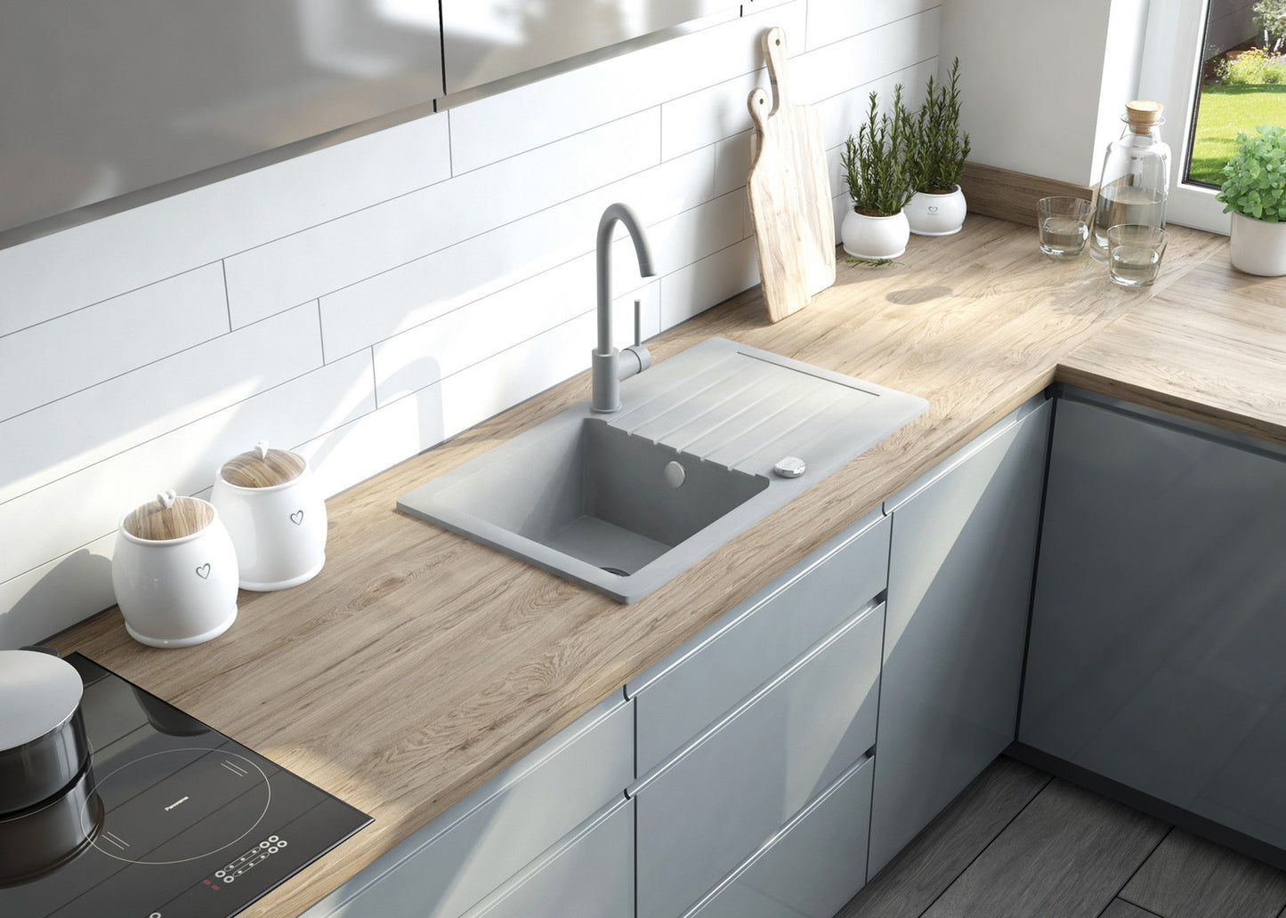 Granīta izlietne ar jaucējkrānu 1-bļodas izlietne ar izlietni Zorba 760 x 440 x 160 antracīta metālika - N1 Home