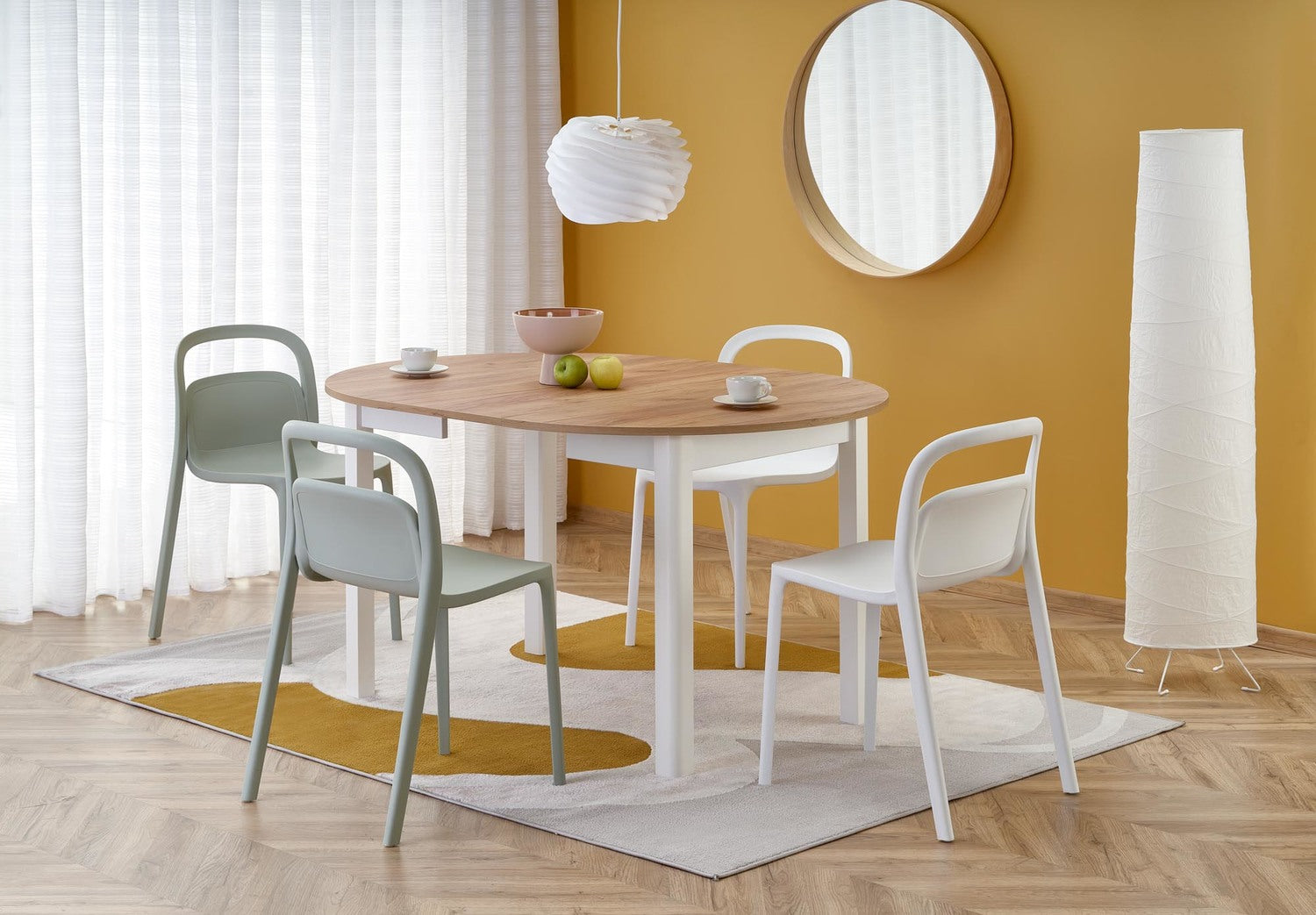 RN table color top craft ozols, kājas - baltas (102-142x102x76 cm)