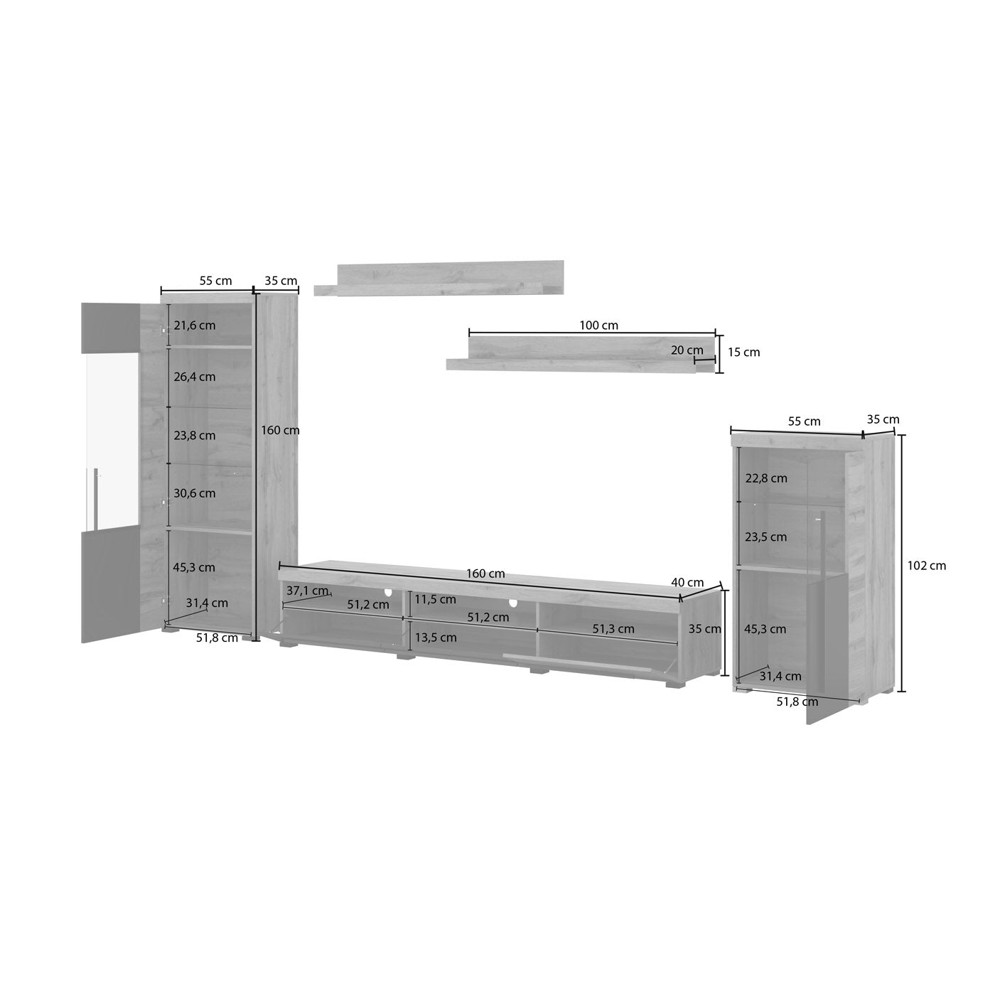 Sienas bloks Rogos 370/160/40 cm touchwood/satīna nusbaum - N1 Home