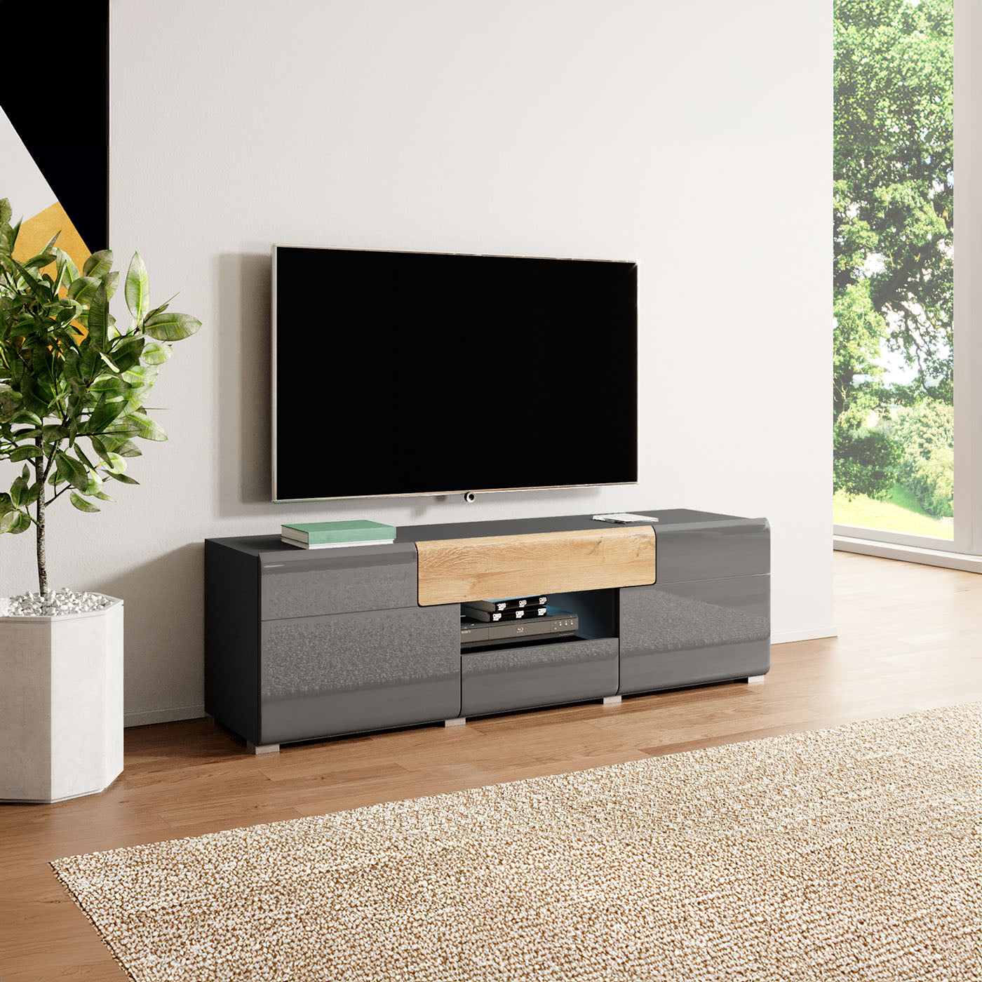 TV skapis Tola 159/39/47 cm antracīts/Grandson ozols - N1 Home