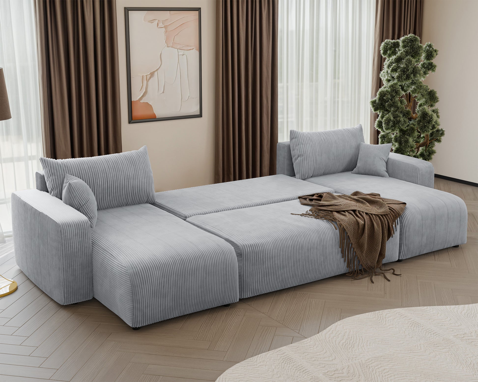 NONIPIA U-formas stūra dīvāns ar gulēšanas funkciju, ar konteineri, universāls, gaiši pelēks velvets - N1 Home