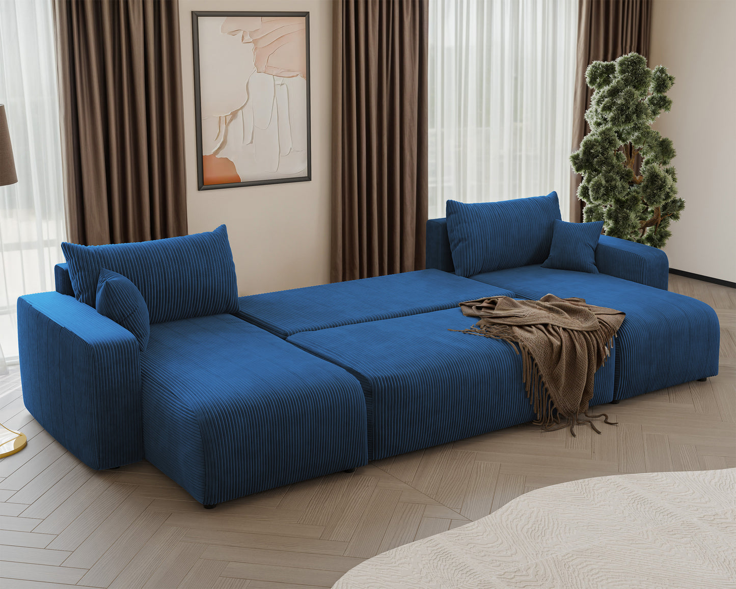 NONIPIA U-formas stūra dīvāns ar gulēšanas funkciju, ar konteineri, universāls, tumši zils velvets - N1 Home