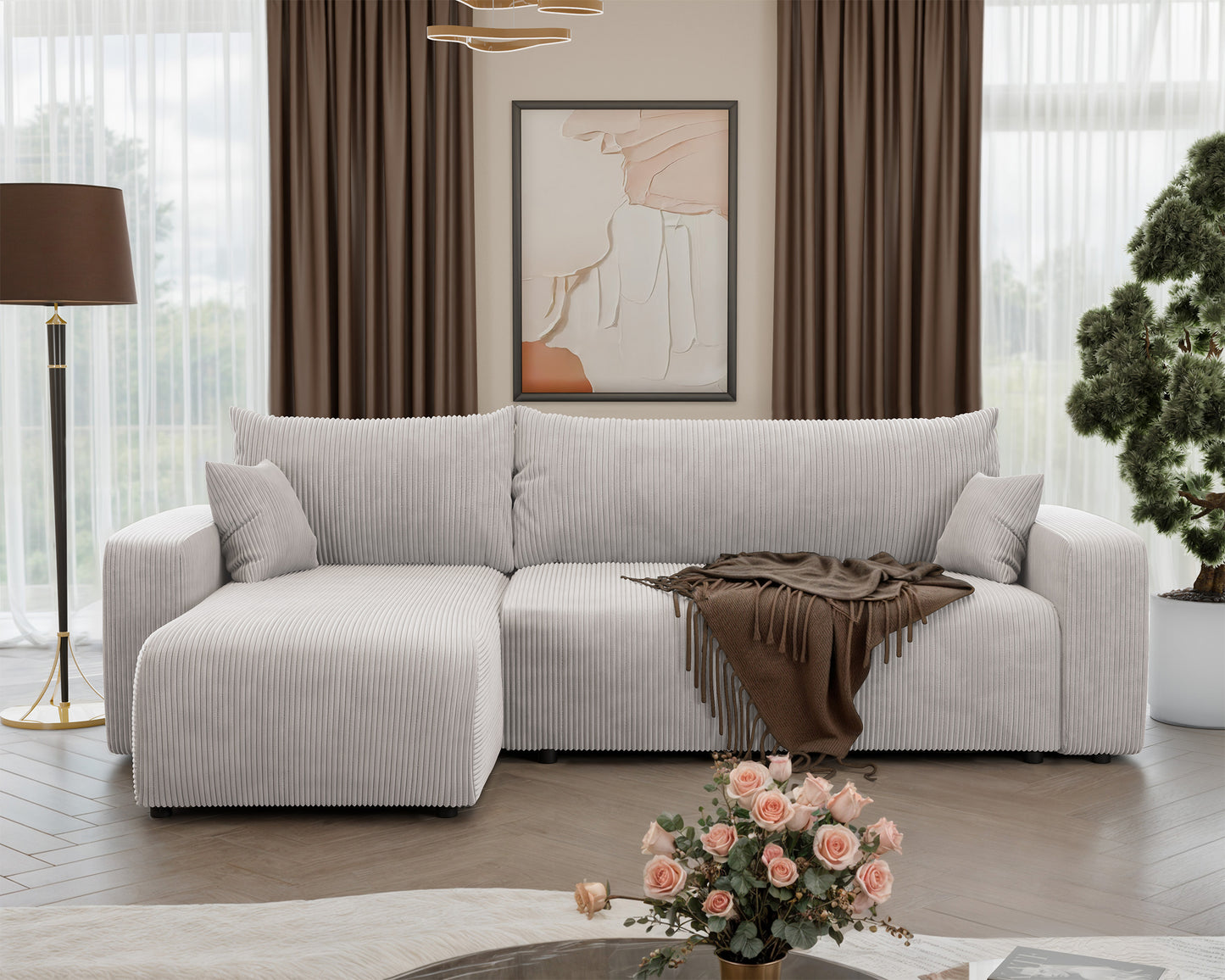 NONIPIA L-formas stūra dīvāns ar gulēšanas funkciju, ar konteineri, universāls, gaiši bēšs velvets - N1 Home