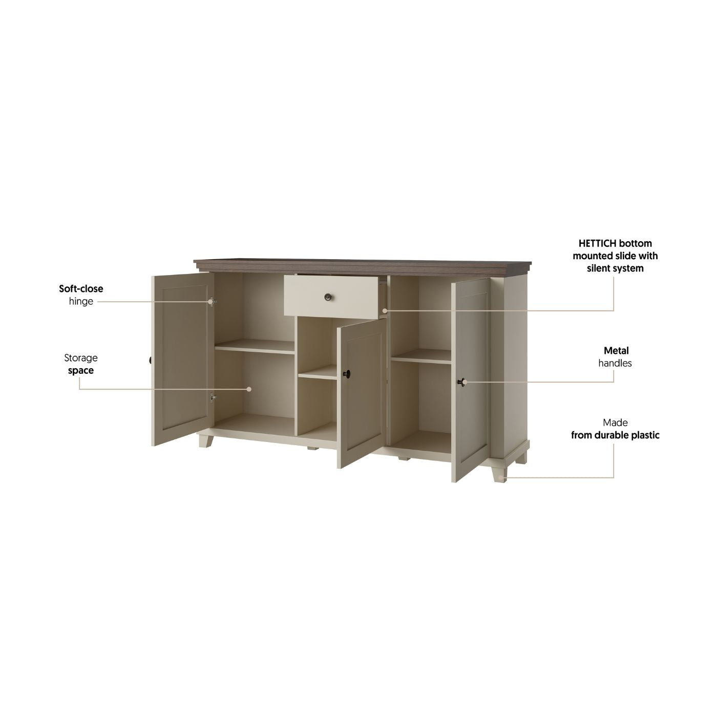 Kumode Evtar 160/93/42 cm kašmirs/Dunin ozols - N1 Home