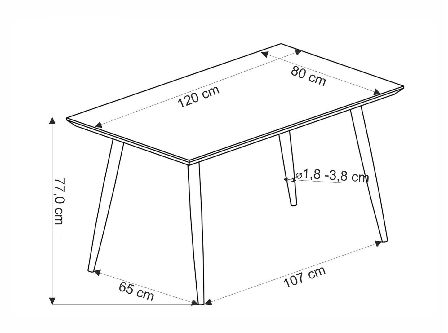 Galds Bert 120/80/77/107 cm dabīgs