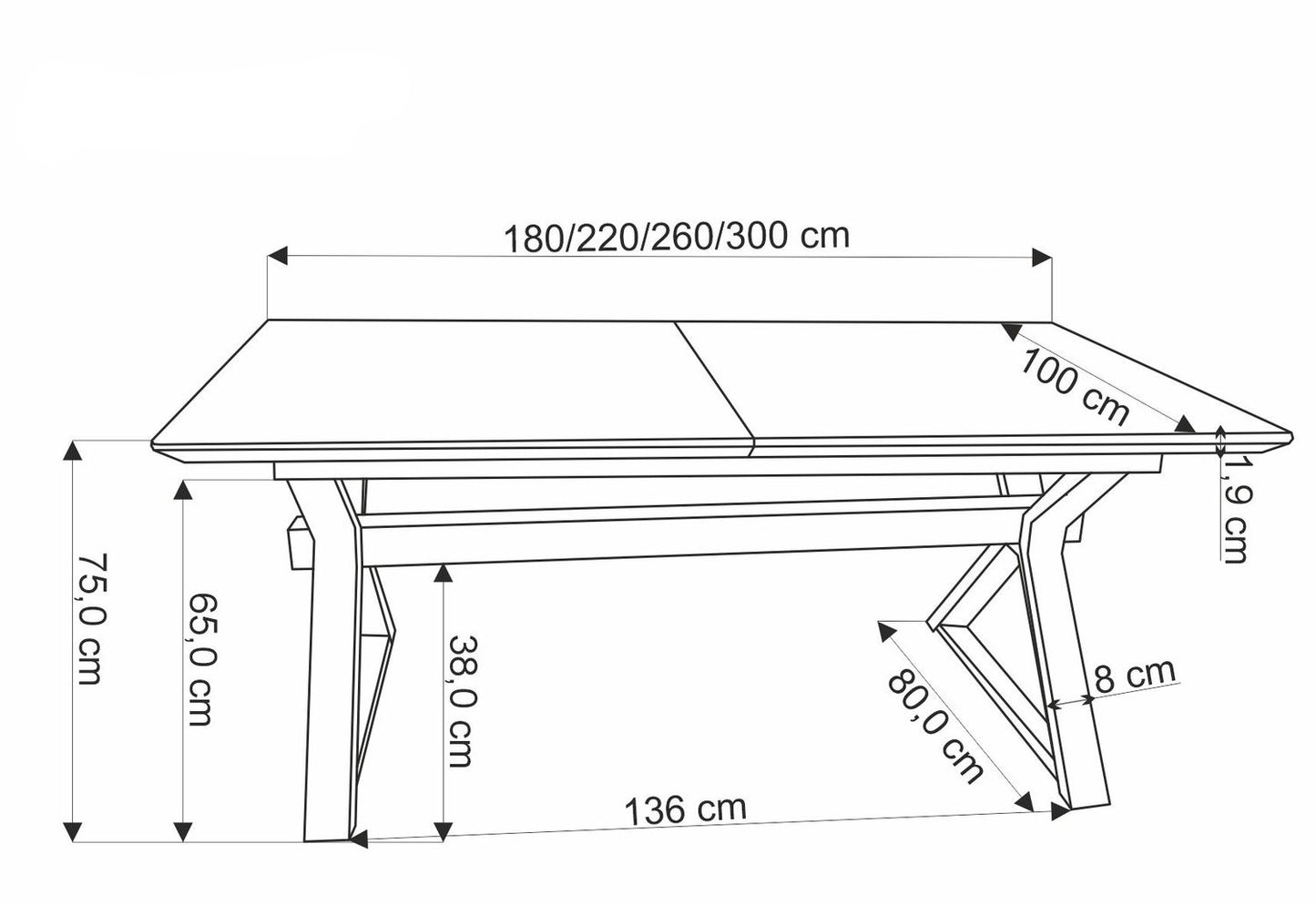 Galds Hen 180-300/100/75/136 cm dabīgs/melns