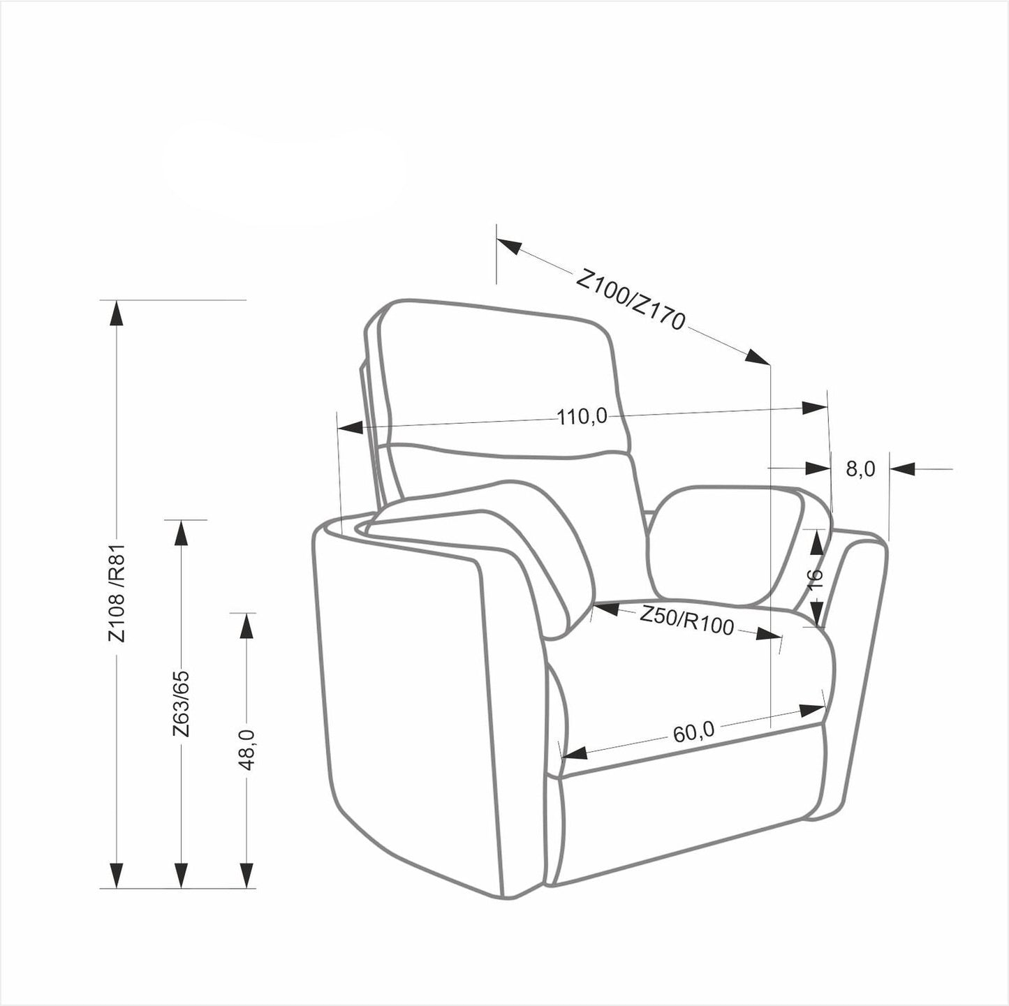 Krēsls Pegals 110/100–170/108–81/45 cm pelēks