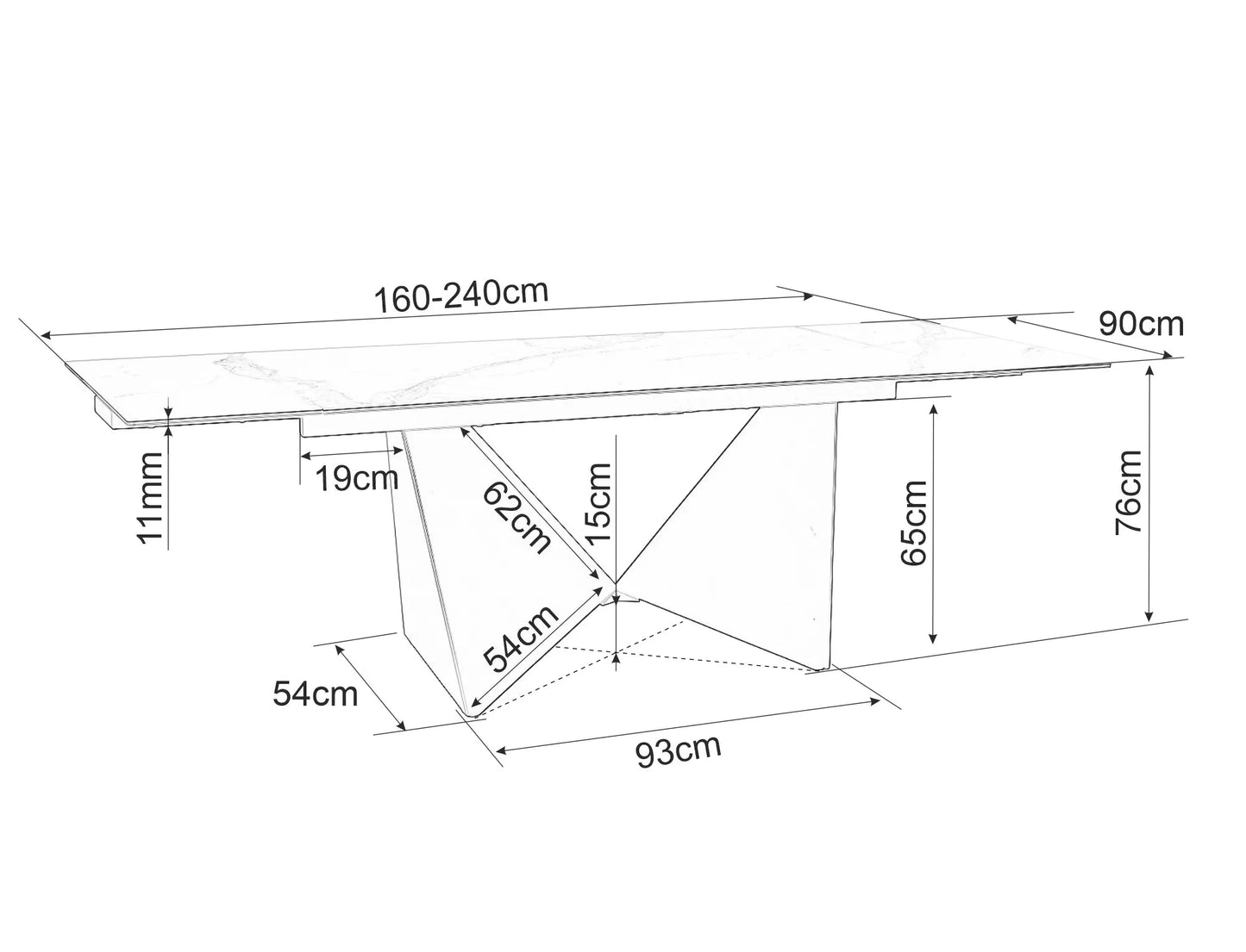 Galds Pete 76/90/160-240 cm balts/melns - N1 Home