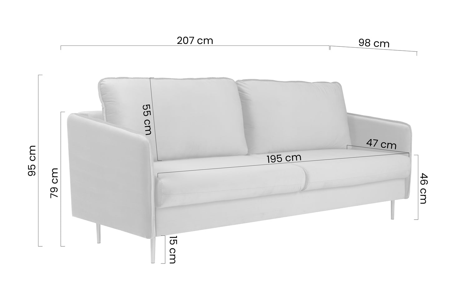 Dīvāns Tai 207/95/98 cm Velluto 3/zelts kājas - N1 Home