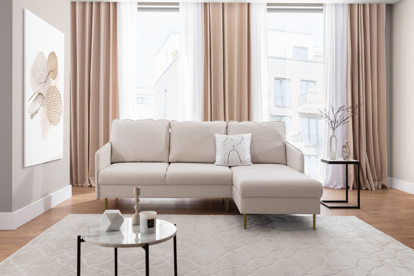 Dīvāns Tai 222/95/161 cm krēms/zelts kājas - N1 Home