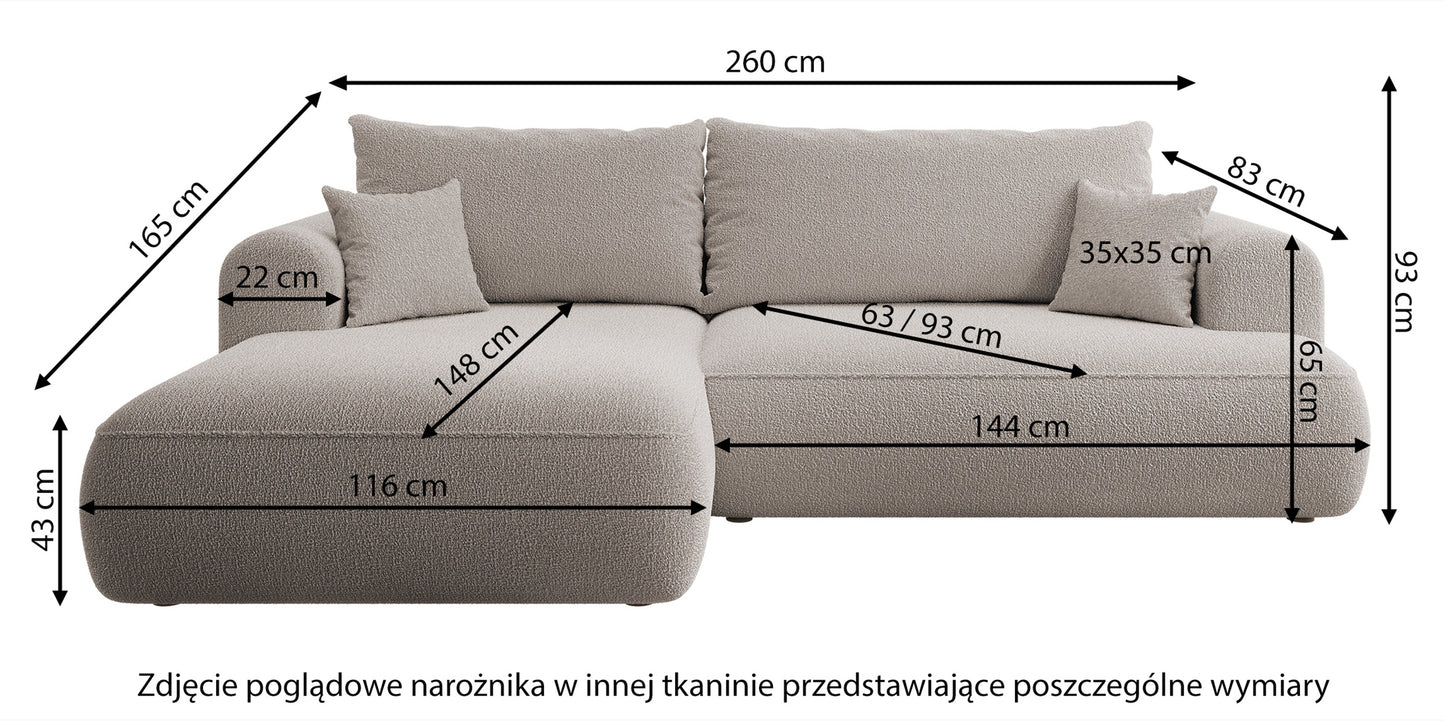 AVA Stūra dīvāns ar miega funkciju L-veida tumši bēšs polsterējums, laba puse - N1 Home