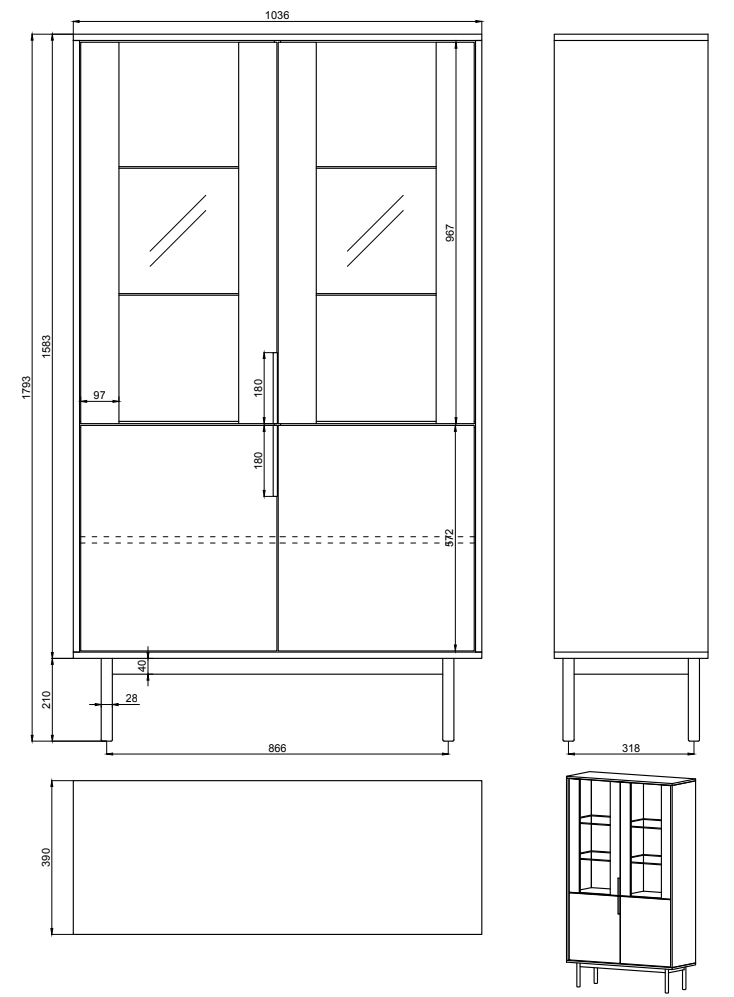 KIARO Divu durvju vitrīnas skapis 104 cm, pelēks bēšs