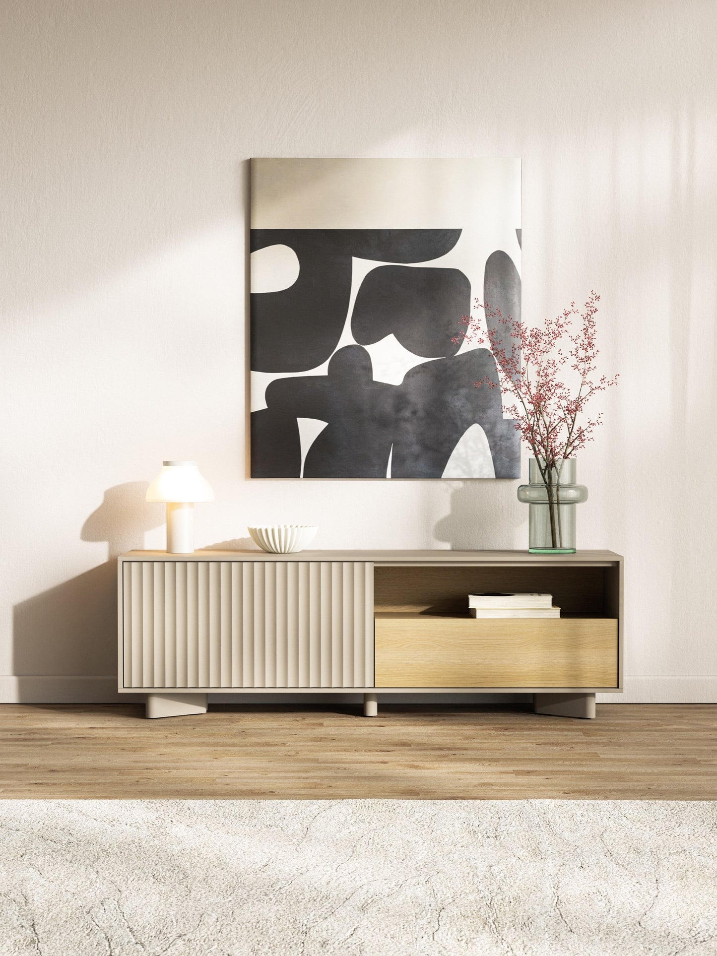 TV skapis Distri Riffle 140/46/35 cm Vičencas ozols/kašmirs