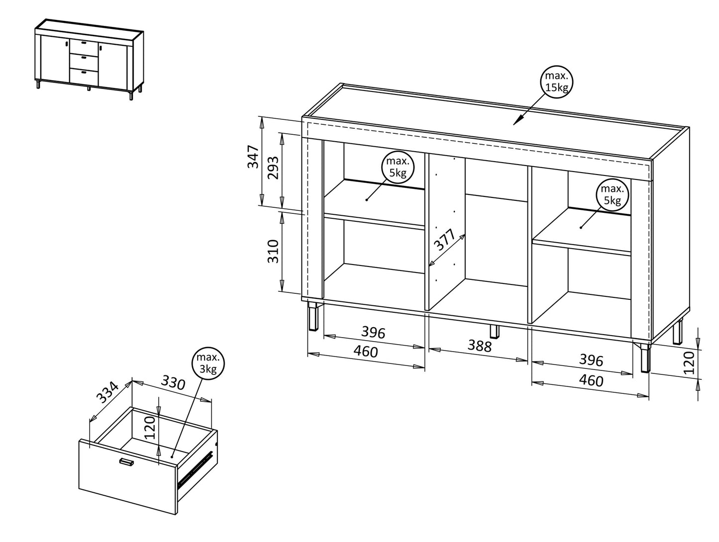 Kumode Lamos 130/77/38 cm melns/zelts