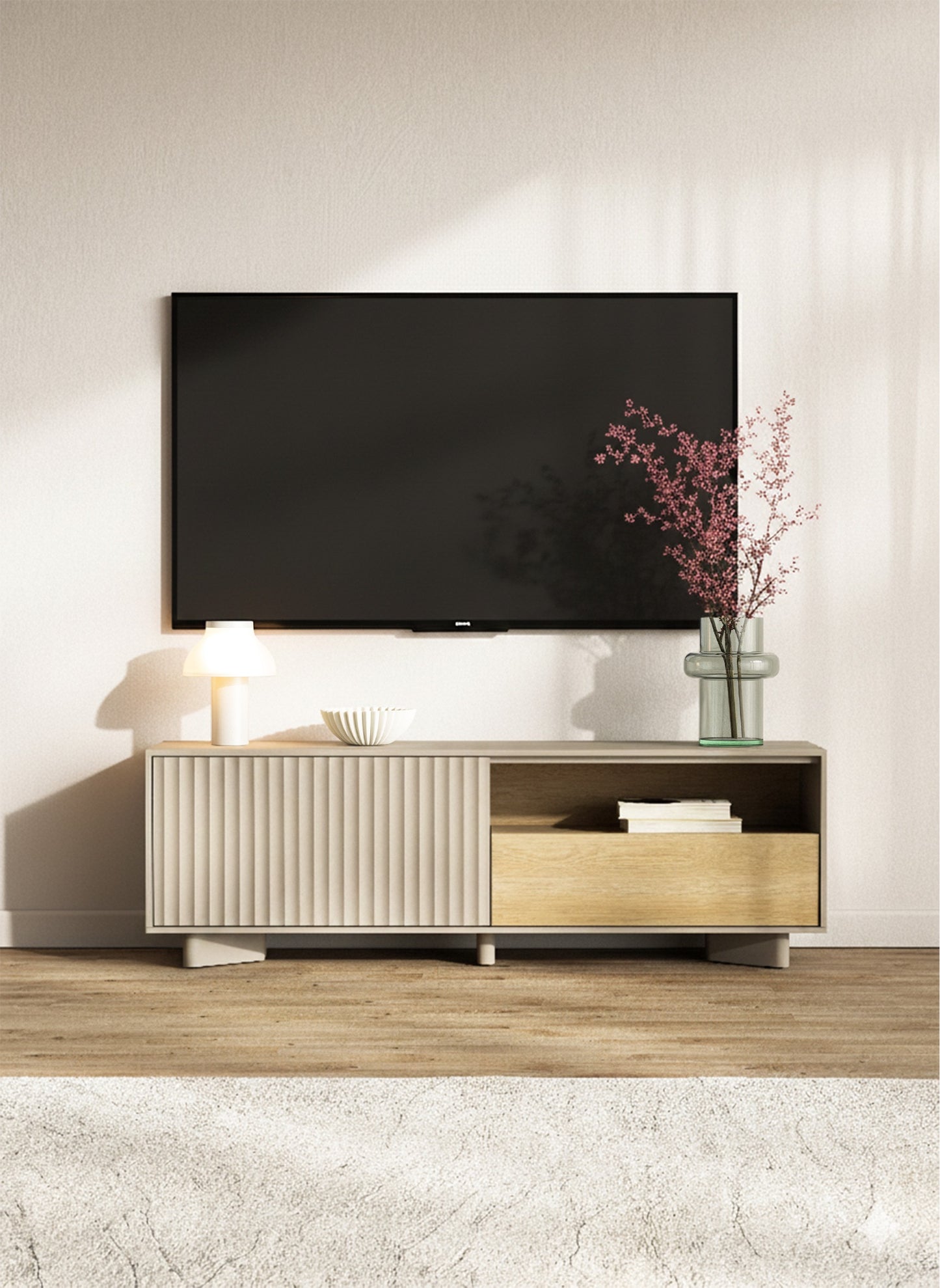 TV skapis Distri Riffle 140/46/35 cm Vičencas ozols/kašmirs