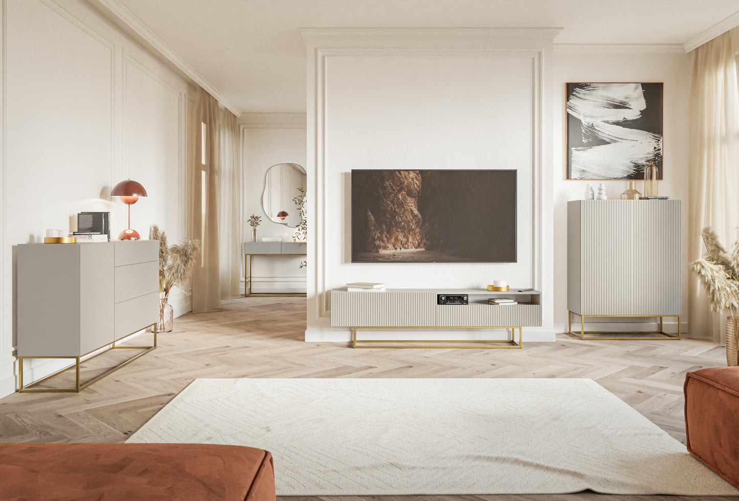 Kumode Velda 90/125/38 cm bēšs/zelts - N1 Home
