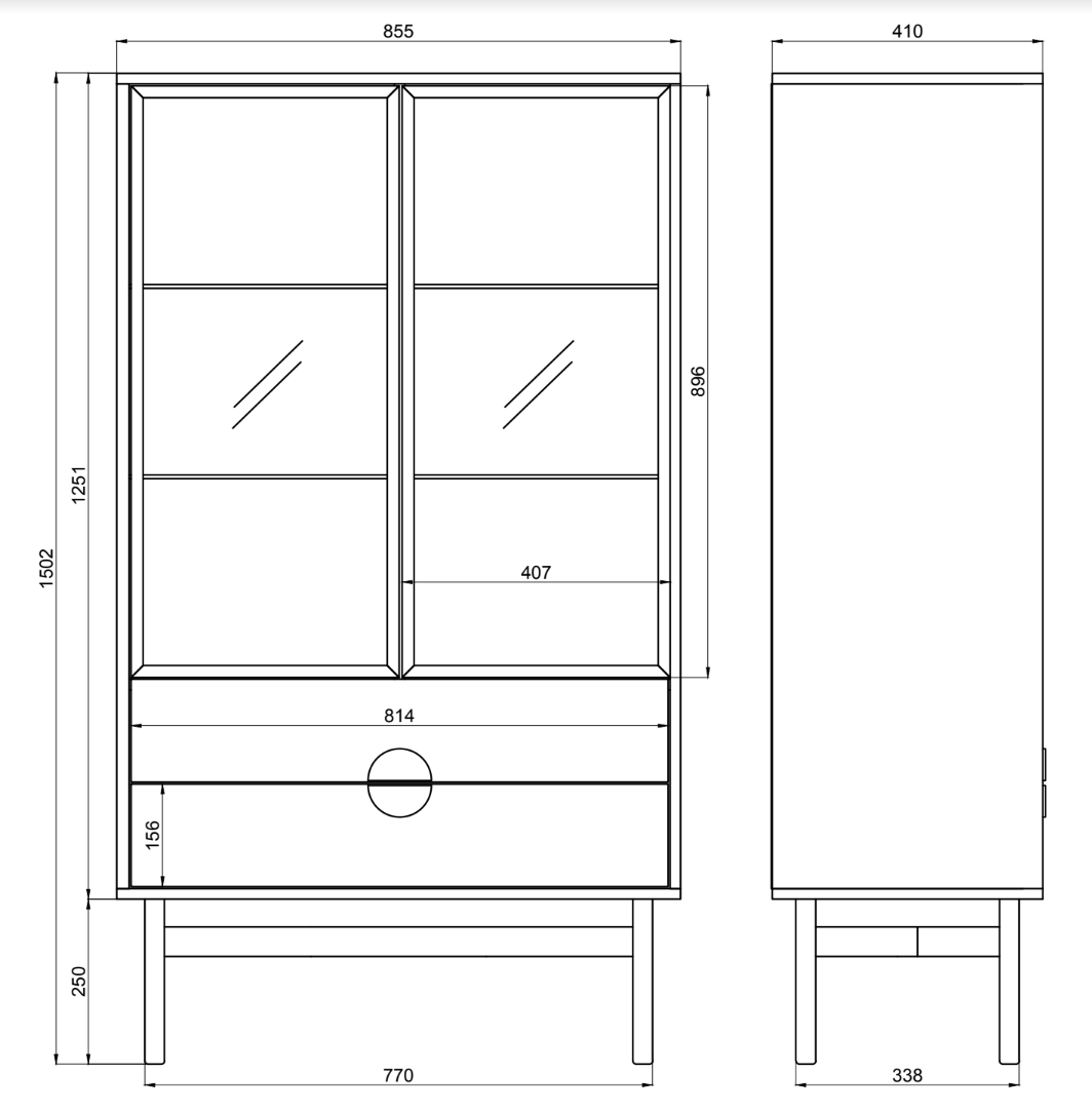 LOON 85 cm zema vitrīna ar trim plauktiem un divām atvilktnēm 85 cm, balta