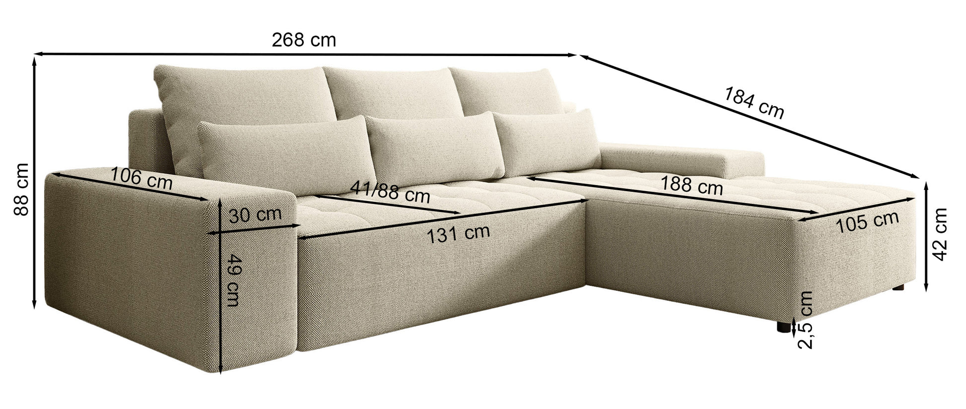Dīvāns Nalura 268/88/184 cm Aragon 83 - N1 Home