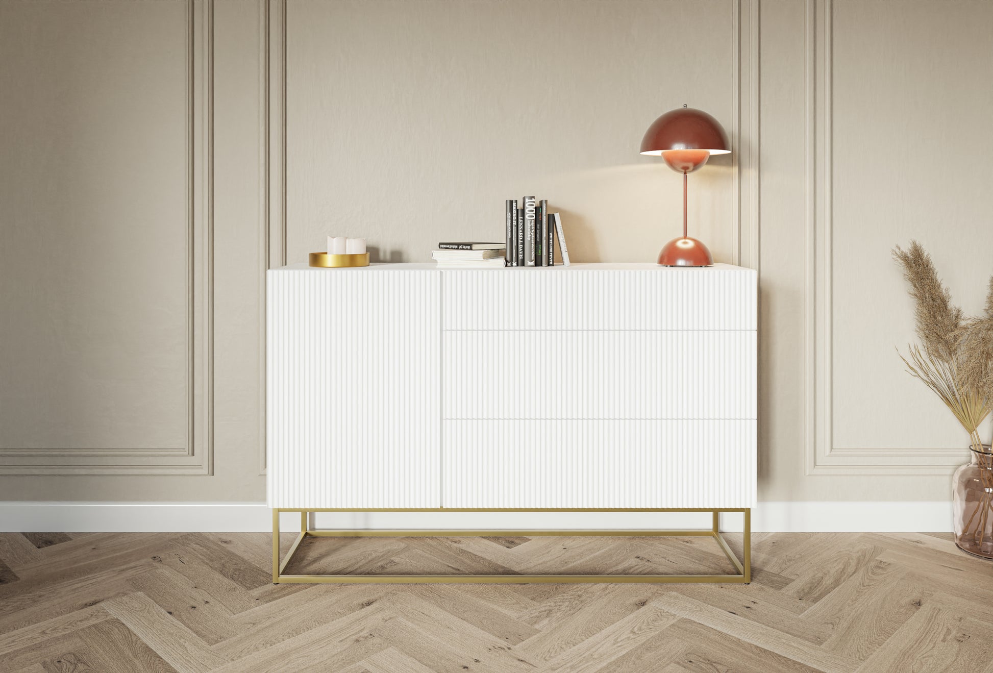 Kumode Velda 140/90/38 cm balts/zelts - N1 Home