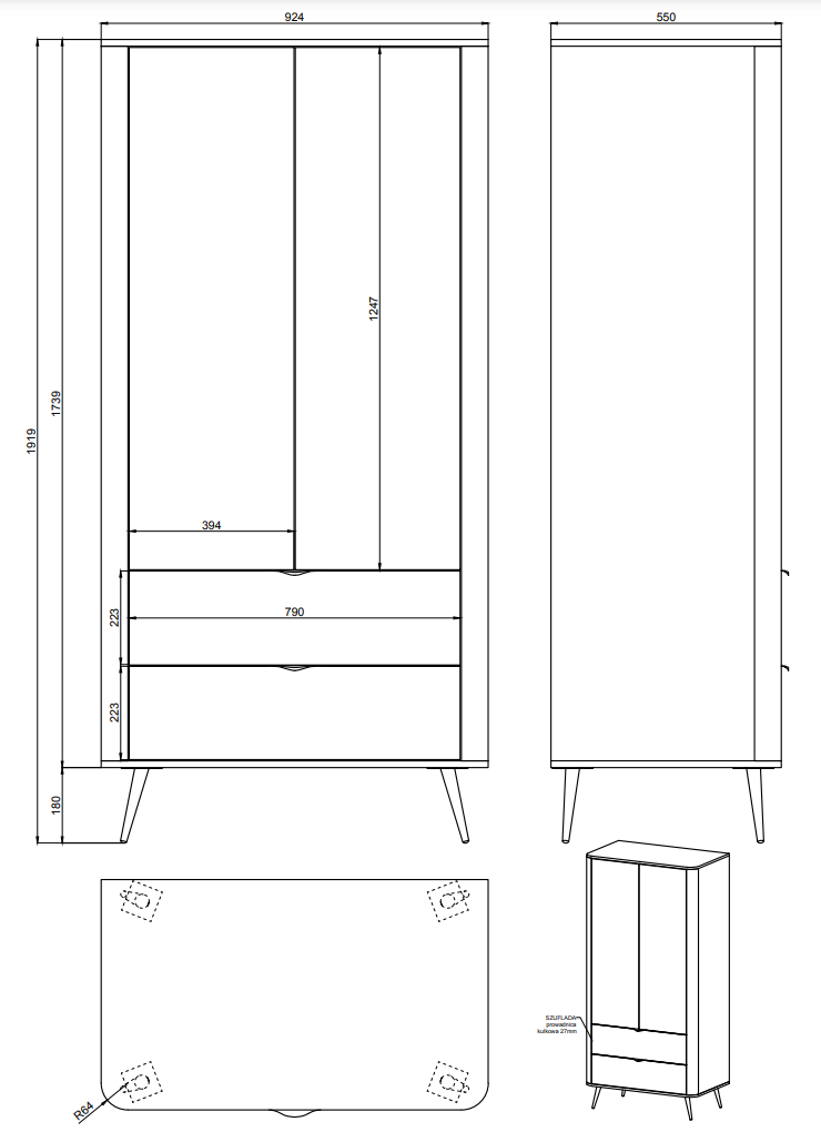 VALO Divdurvju skapis ar atvilktnēm, 92 cm, balts